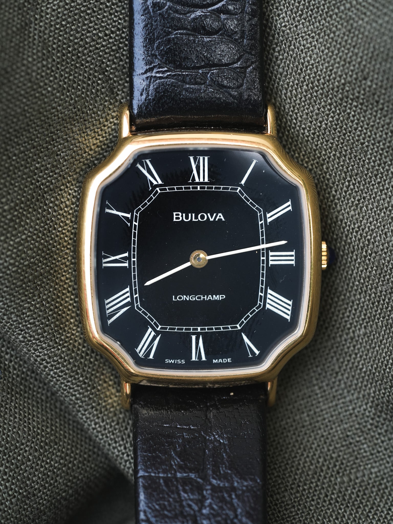 Bulova x Longchamp - Octogonale Noir Plaqué or - NOS - 1970s - Atelier Victor Paris - Vintage Watch Shop Dubai
