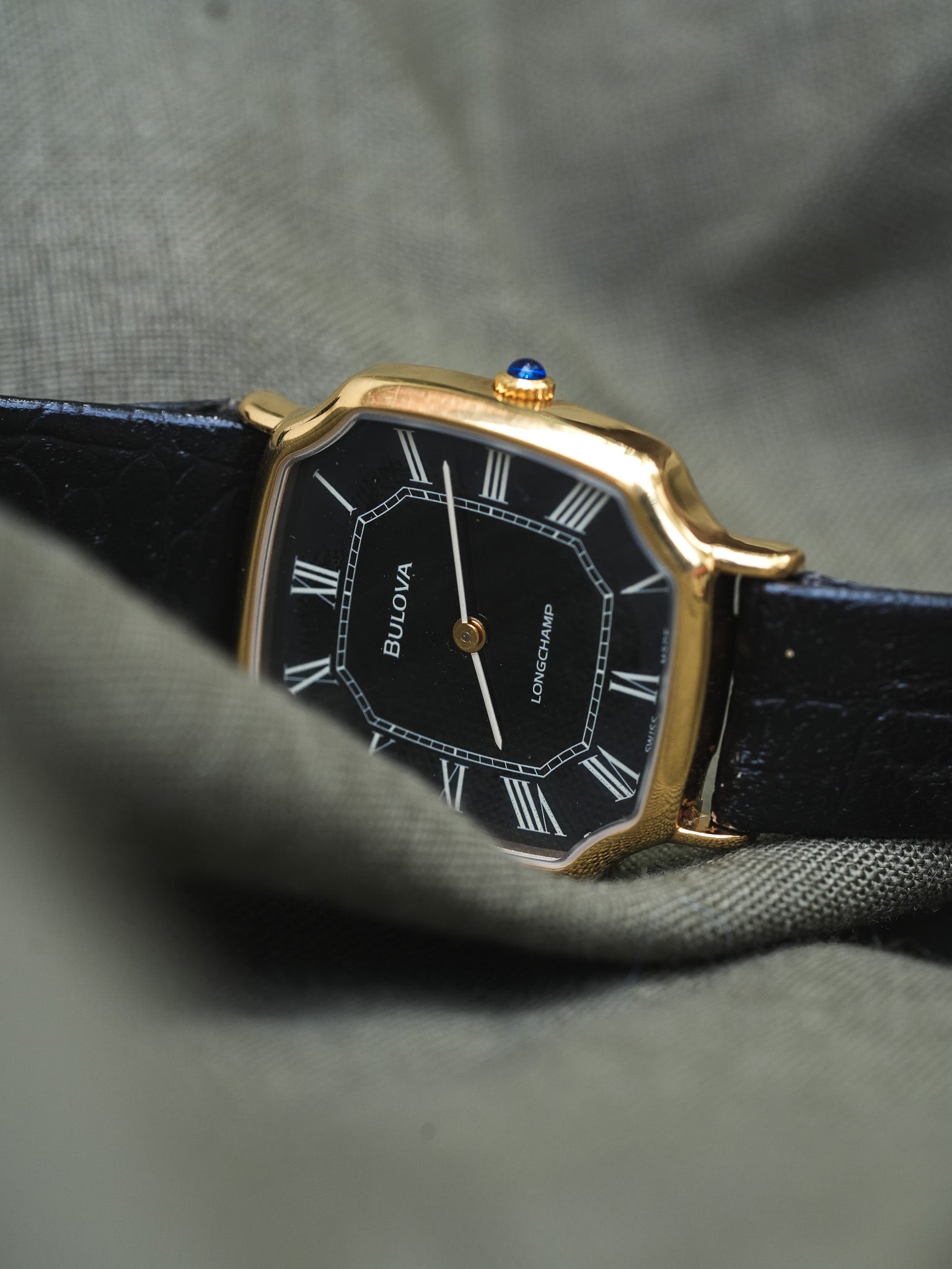 Bulova x Longchamp - Octogonale Noir Plaqué or - NOS - 1970s - Atelier Victor Paris - Vintage Watch Shop Dubai