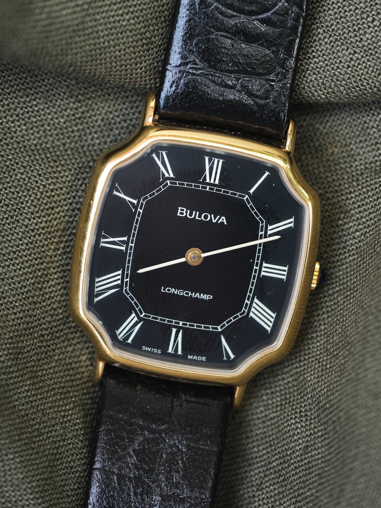 Bulova x Longchamp - Octogonale Noir Plaqué or - NOS - 1970s - Atelier Victor Paris - Vintage Watch Shop Dubai