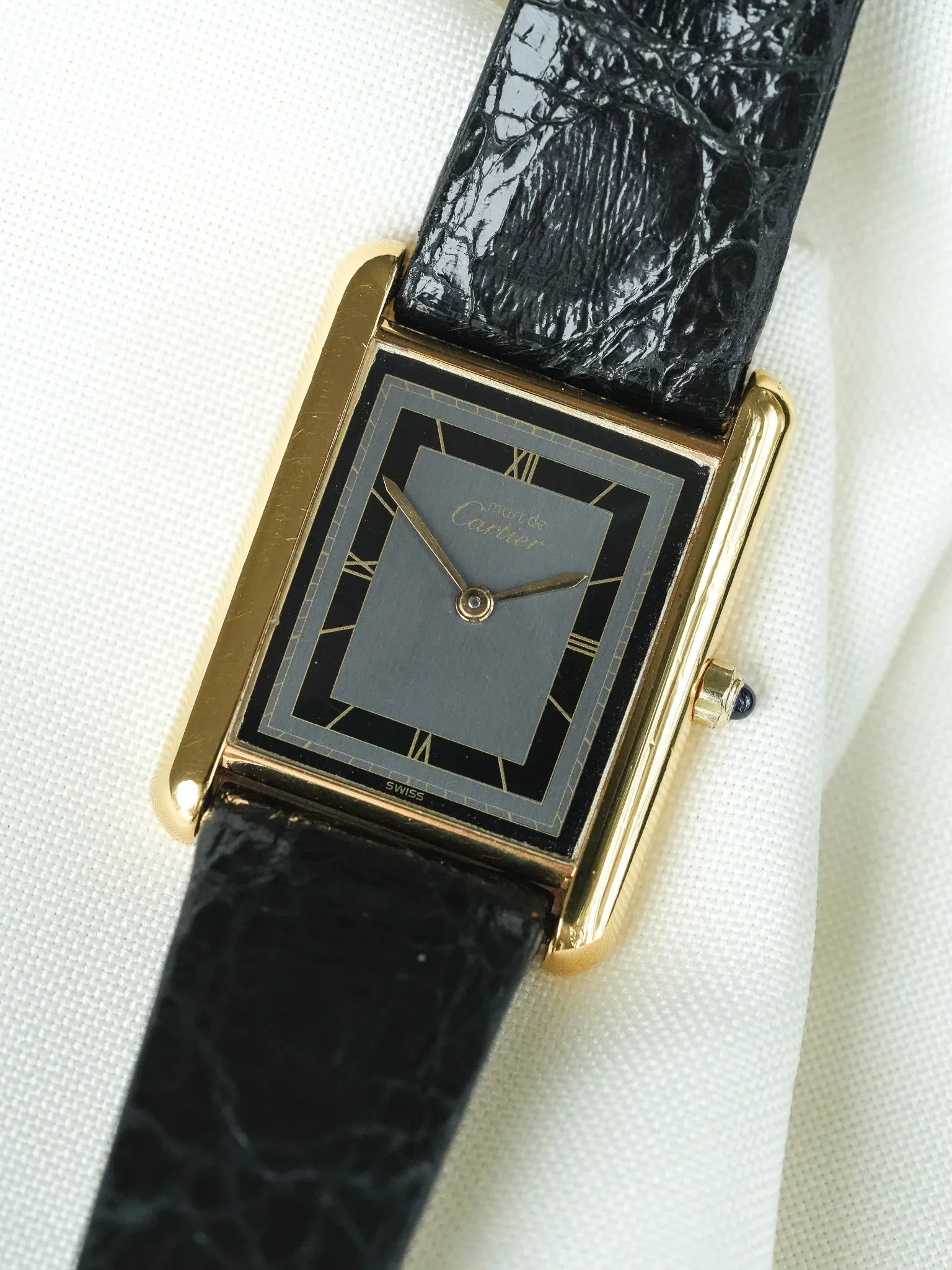 Cartier - Must de Cartier Tank 23x30 Vermeil Cuarzo Esfera Negra Gris - 1980s
