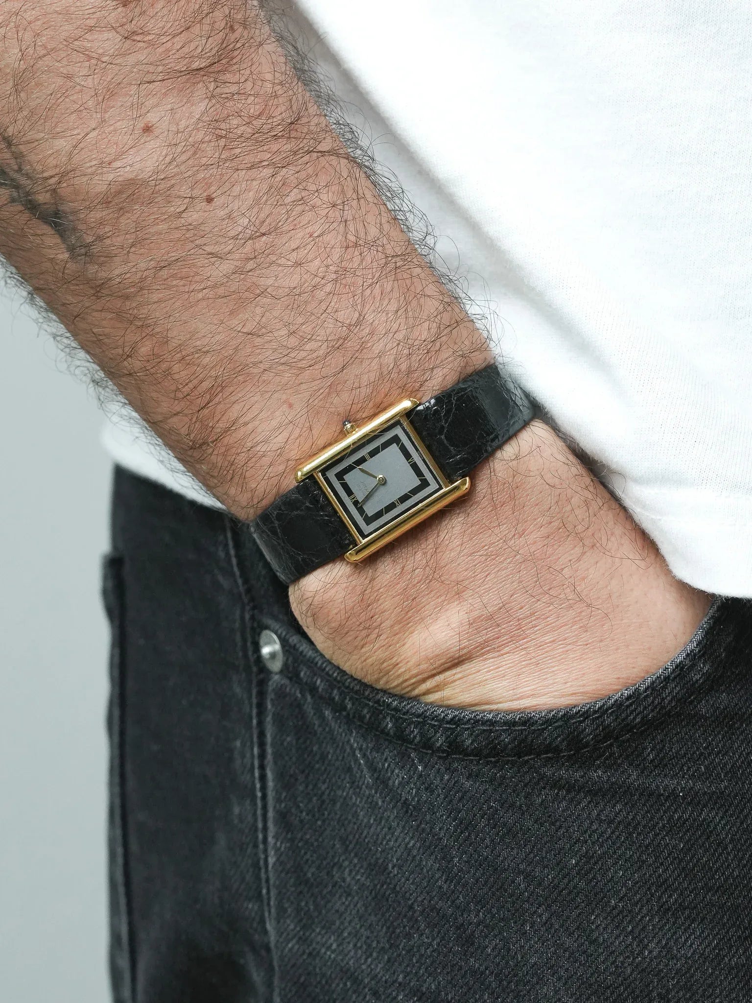 Cartier - Must de Cartier Tank 23x30 Vermeil Cuarzo Esfera Negra Gris - 1980s