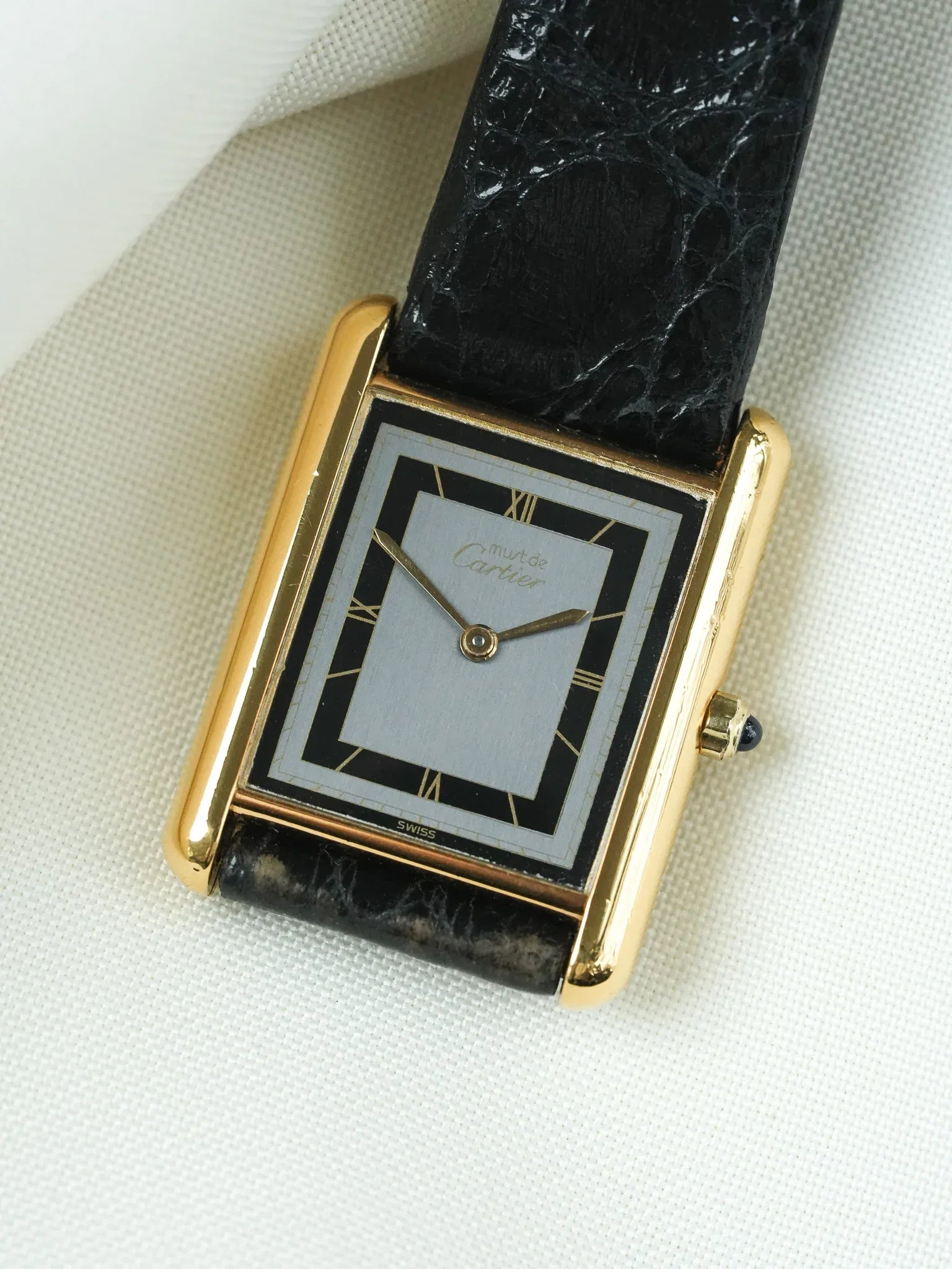 Cartier - Must de Cartier Tank 23x30 Vermeil Cuarzo Esfera Negra Gris - 1980s