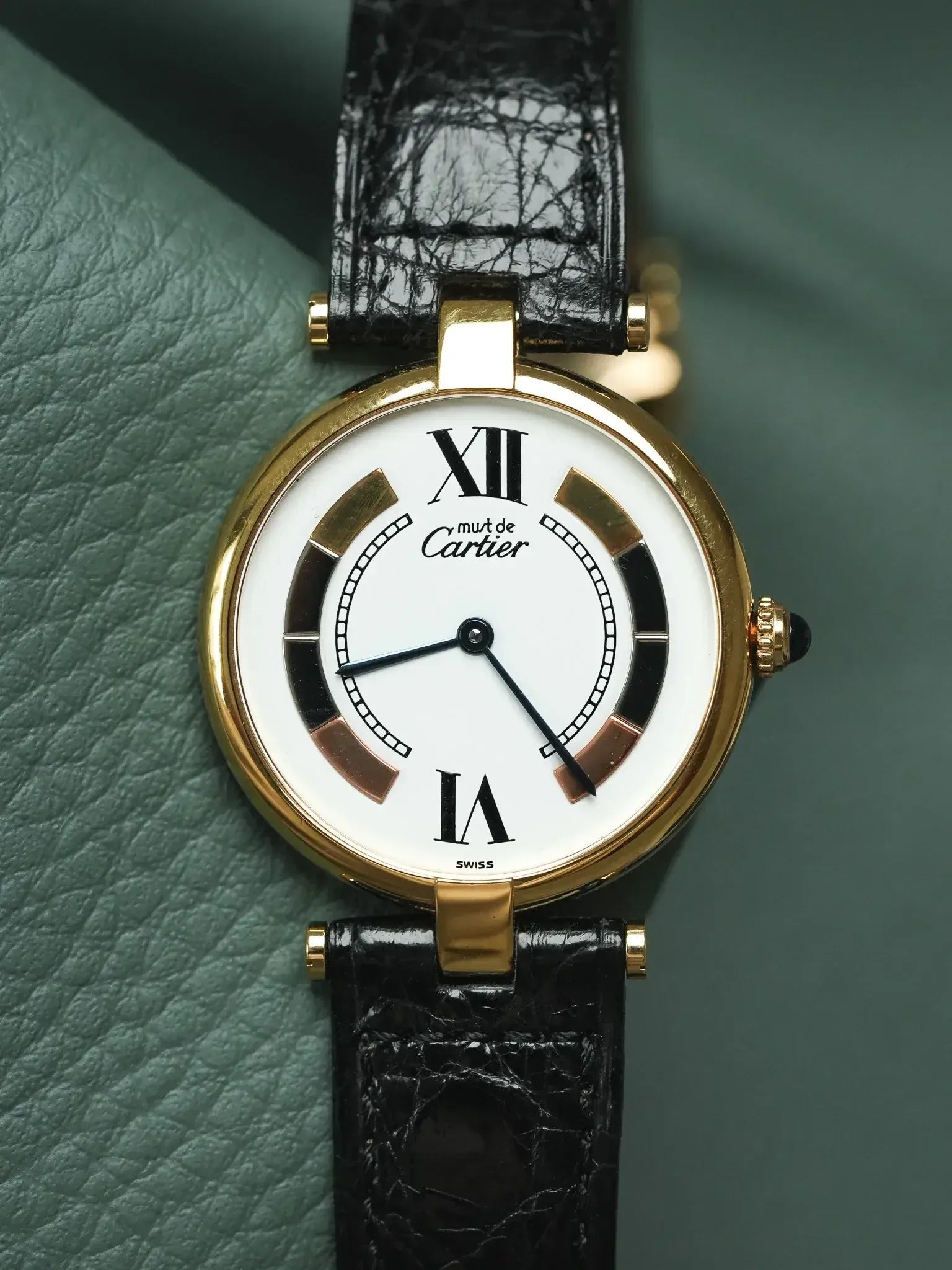 Cartier Must de Cartier vintage watch, gold case, white dial, black leather strap