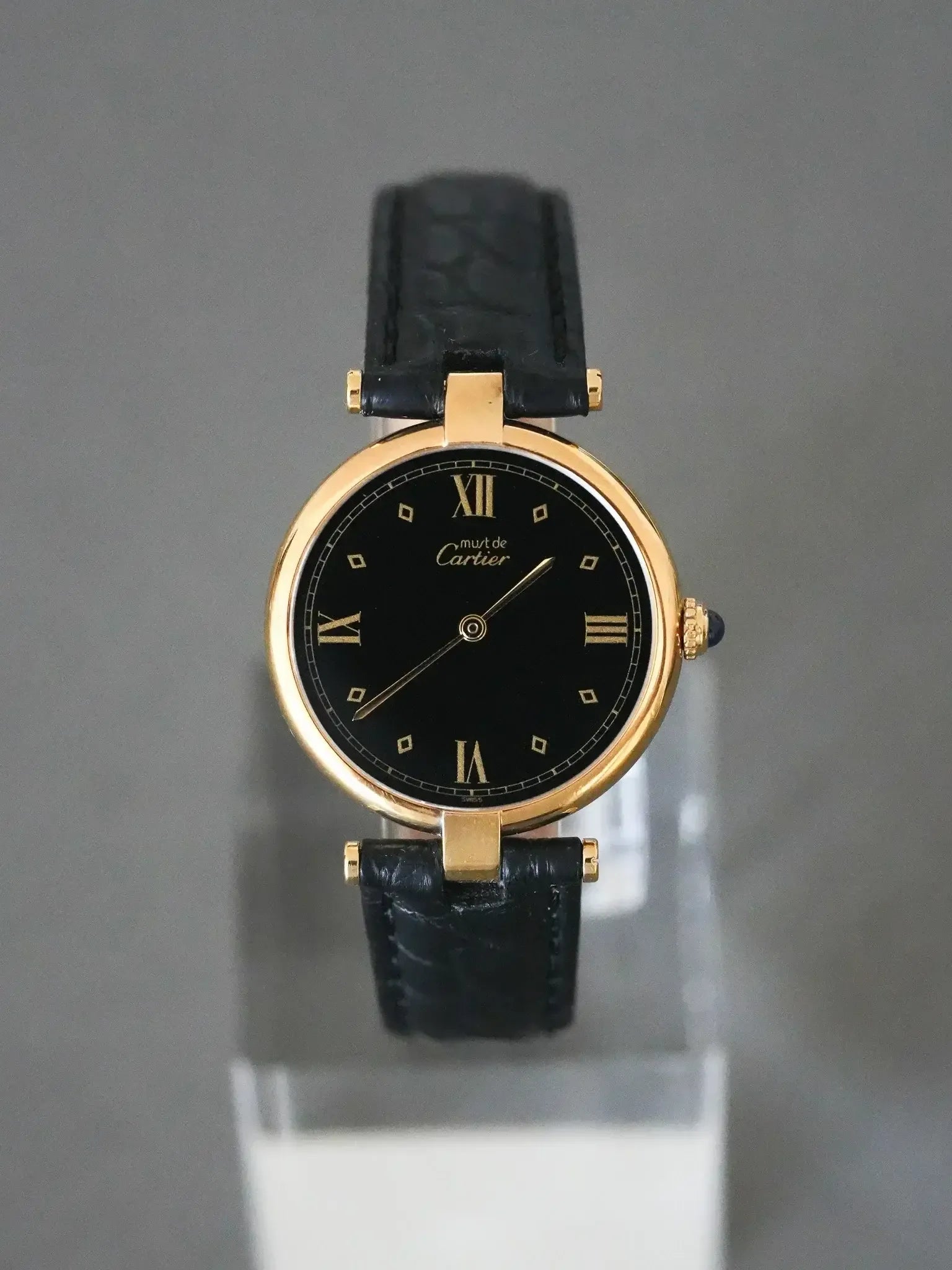 Cartier - Must de Vendôme vermeil Cadran noir avec boucle deployante - 1990s - Atelier Victor