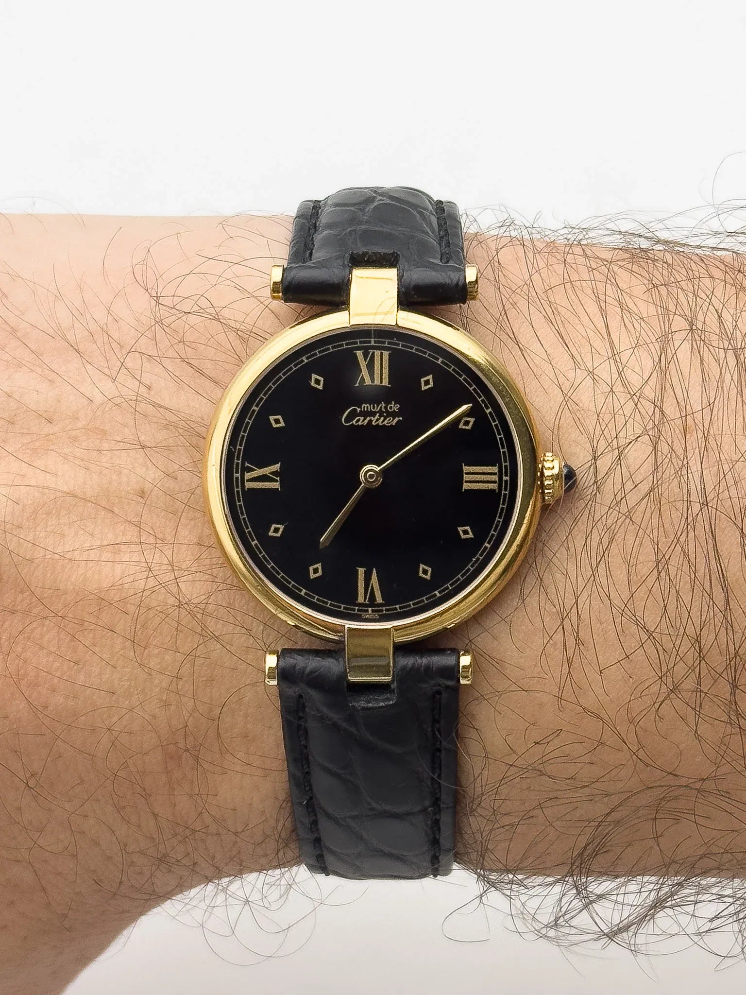 Cartier - Must de Vendôme vermeil Cadran noir avec boucle deployante - 1990s - Atelier Victor