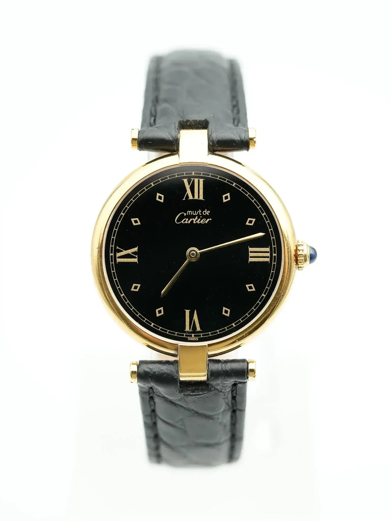 Cartier - Must de Vendôme vermeil Cadran noir avec boucle deployante - 1990s - Atelier Victor