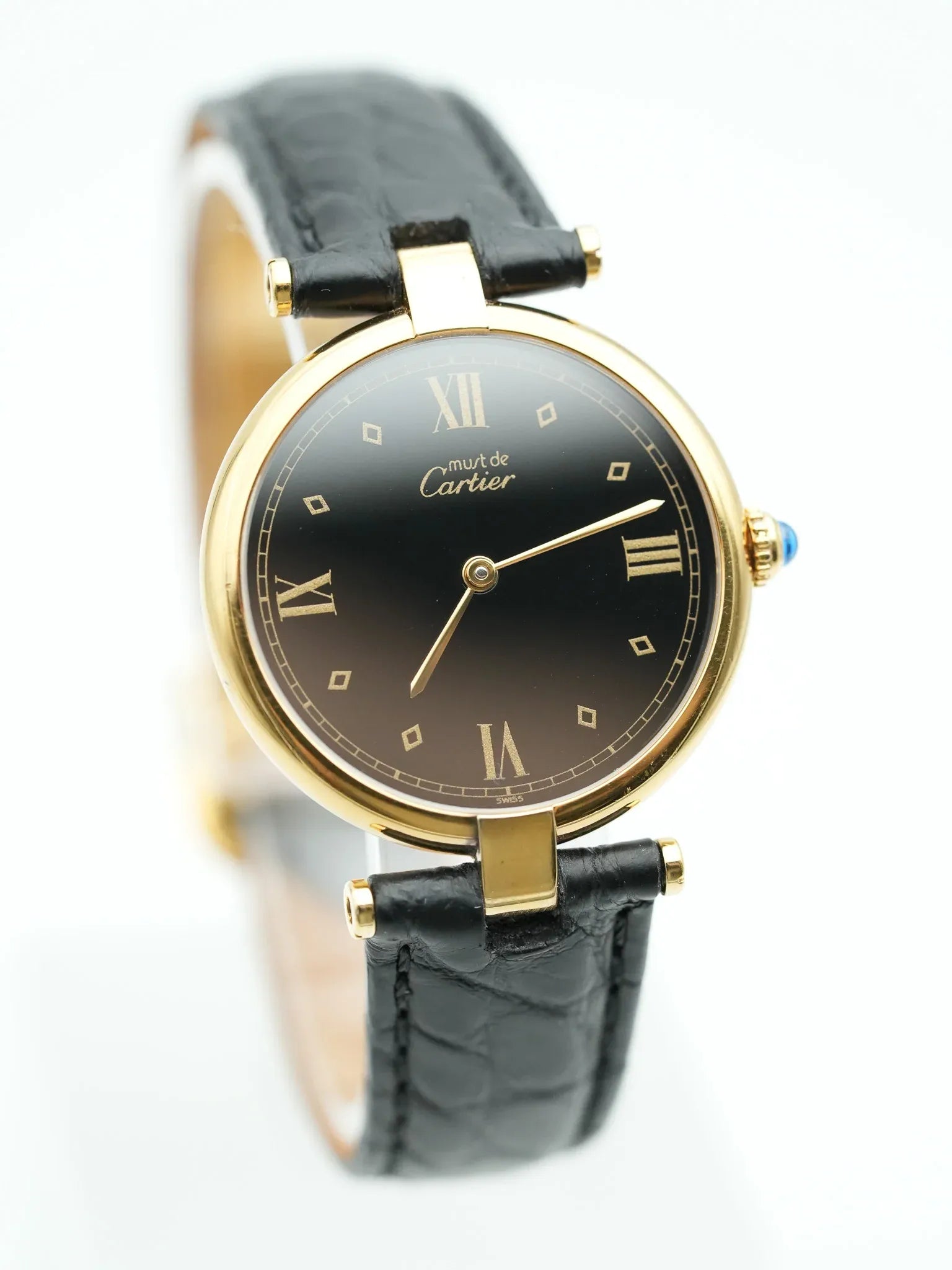 Cartier - Must de Vendôme vermeil Cadran noir avec boucle deployante - 1990s - Atelier Victor