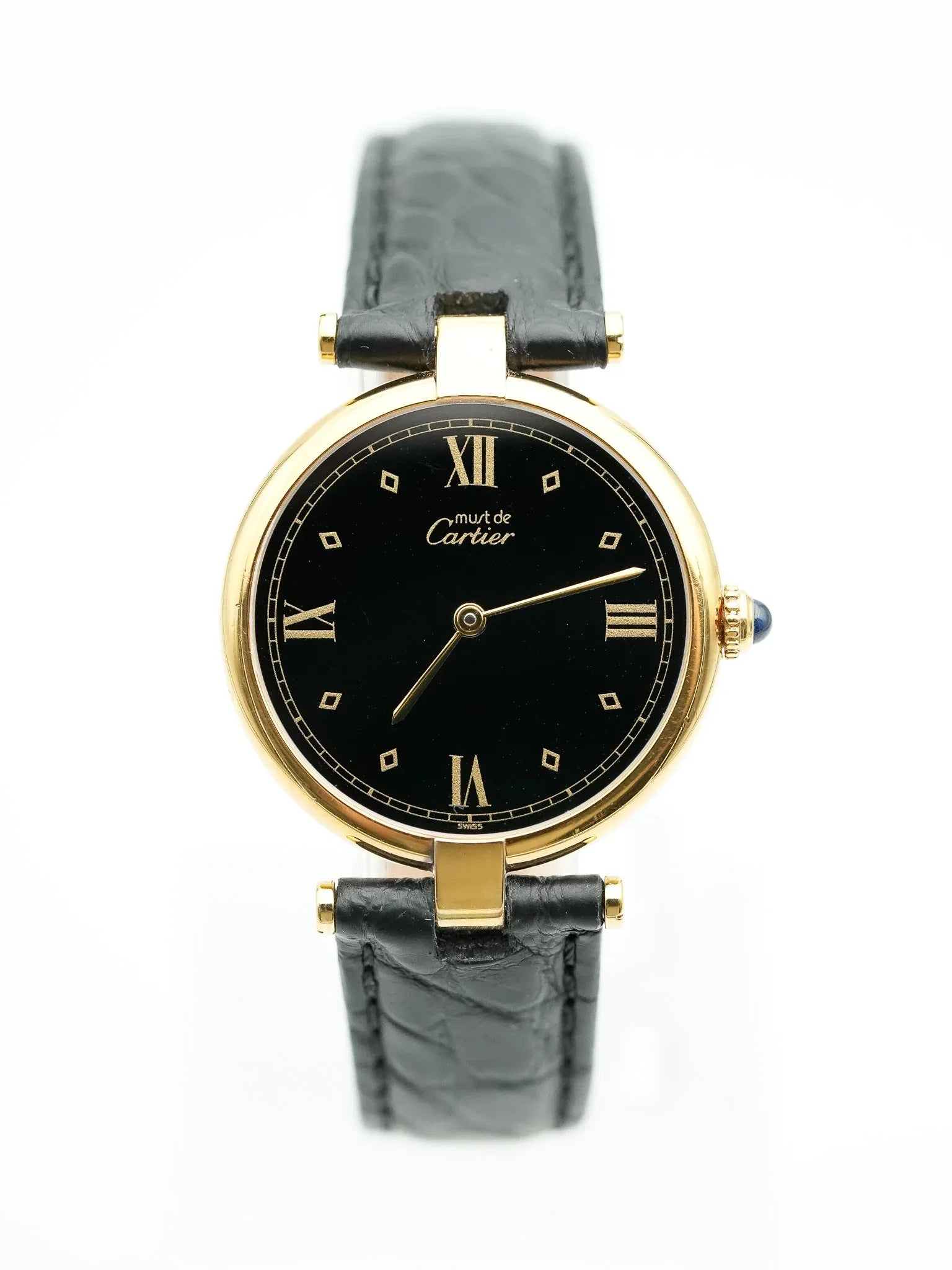 Cartier - Must de Vendôme vermeil Cadran noir avec boucle deployante - 1990s - Atelier Victor - Vintage Shop