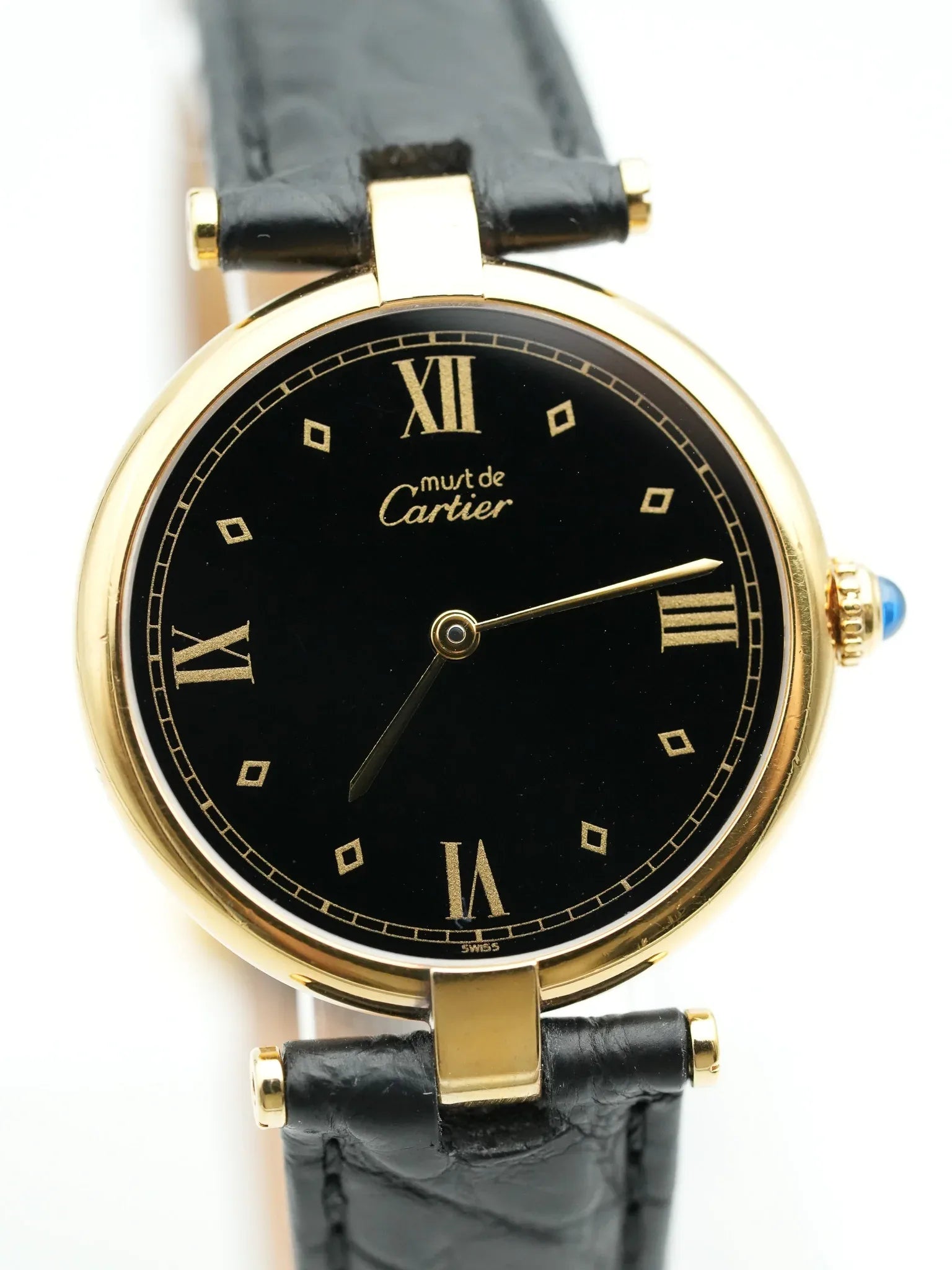 Cartier - Must de Vendôme vermeil Cadran noir avec boucle deployante - 1990s - Atelier Victor - Vintage Shop