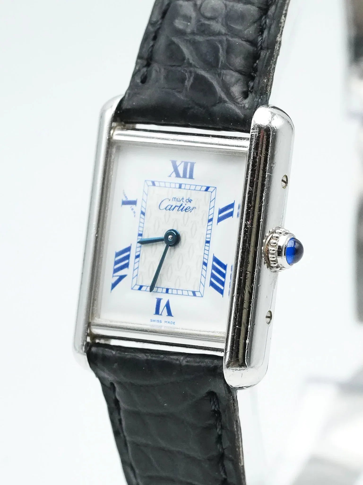 Cartier - Tank Must SM 2416 en argent massif index bleu - 1990s - Atelier Victor - Vintage Shop