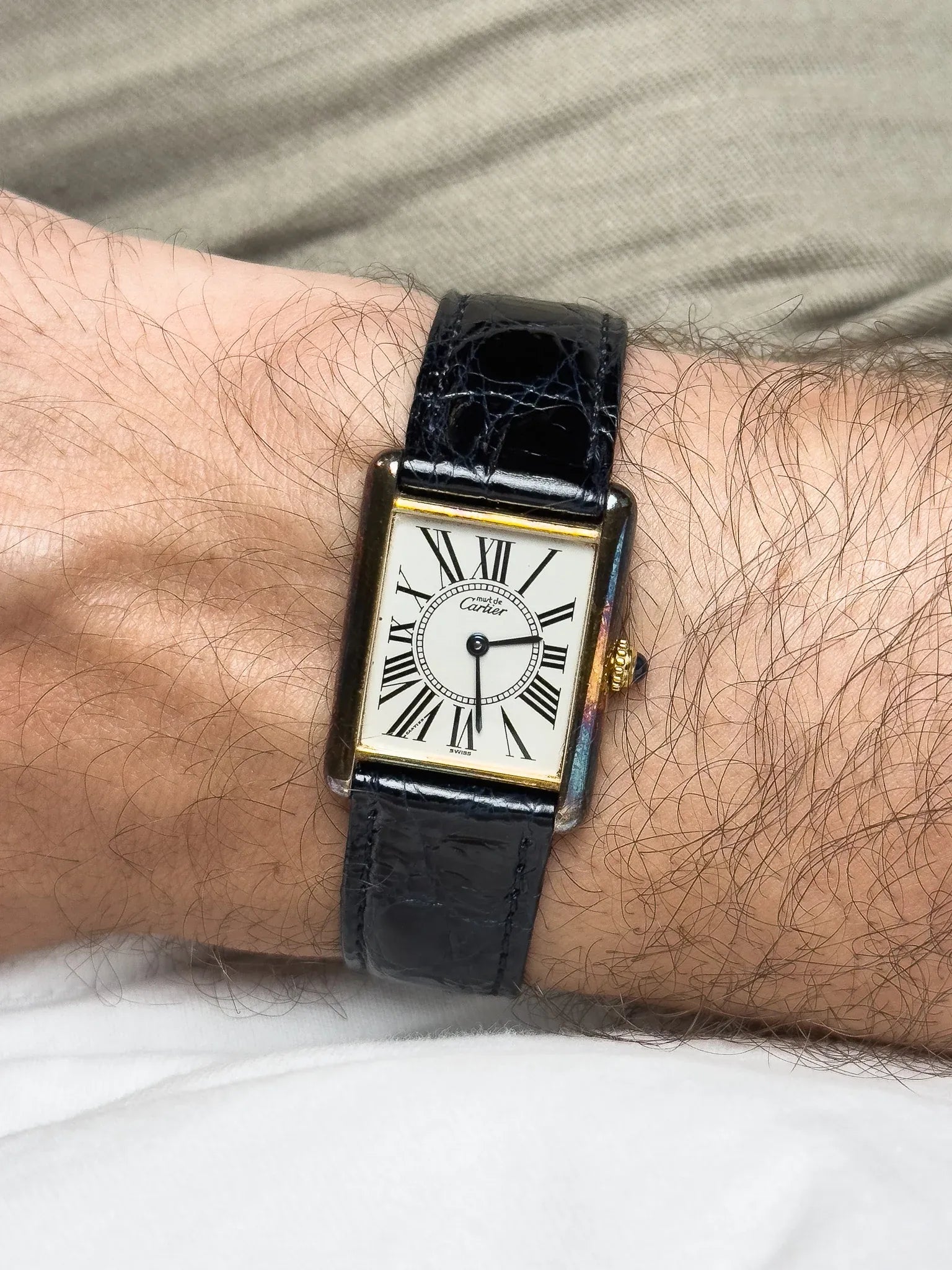 Cartier - Tank Must Vermeil 590005 Medium Opaline Patine Bleu Pétrole - 1980s - Atelier Victor