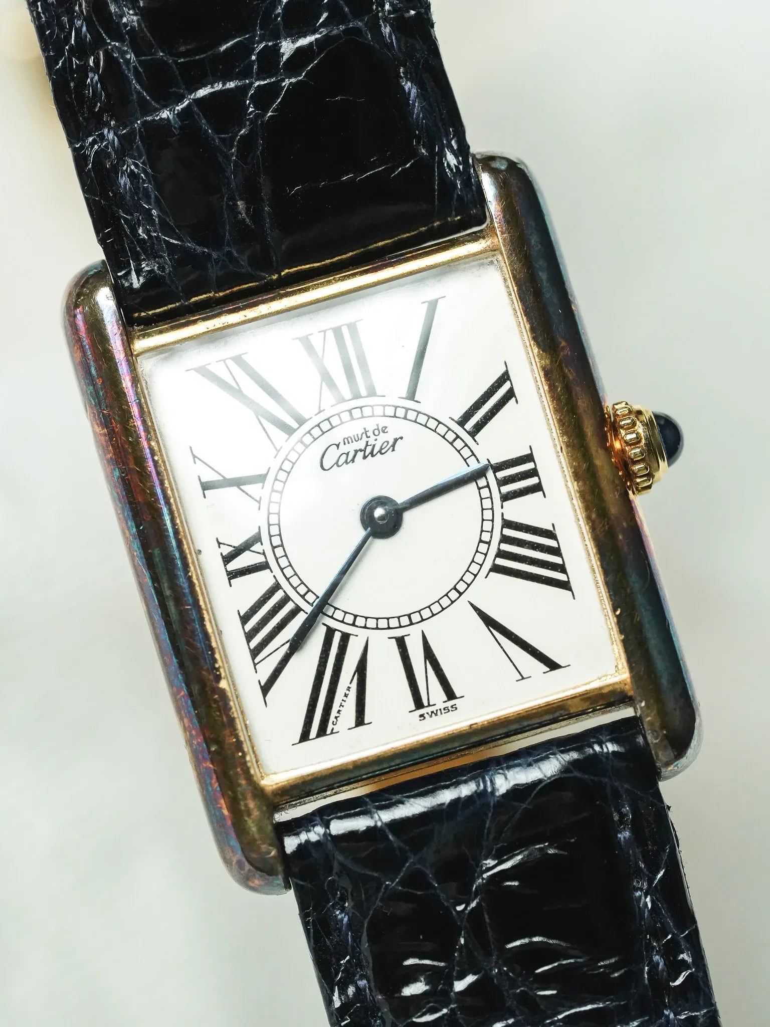 Cartier - Tank Must Vermeil 590005 Medium Opaline Patine Bleu Pétrole - 1980s - Atelier Victor - Vintage Shop
