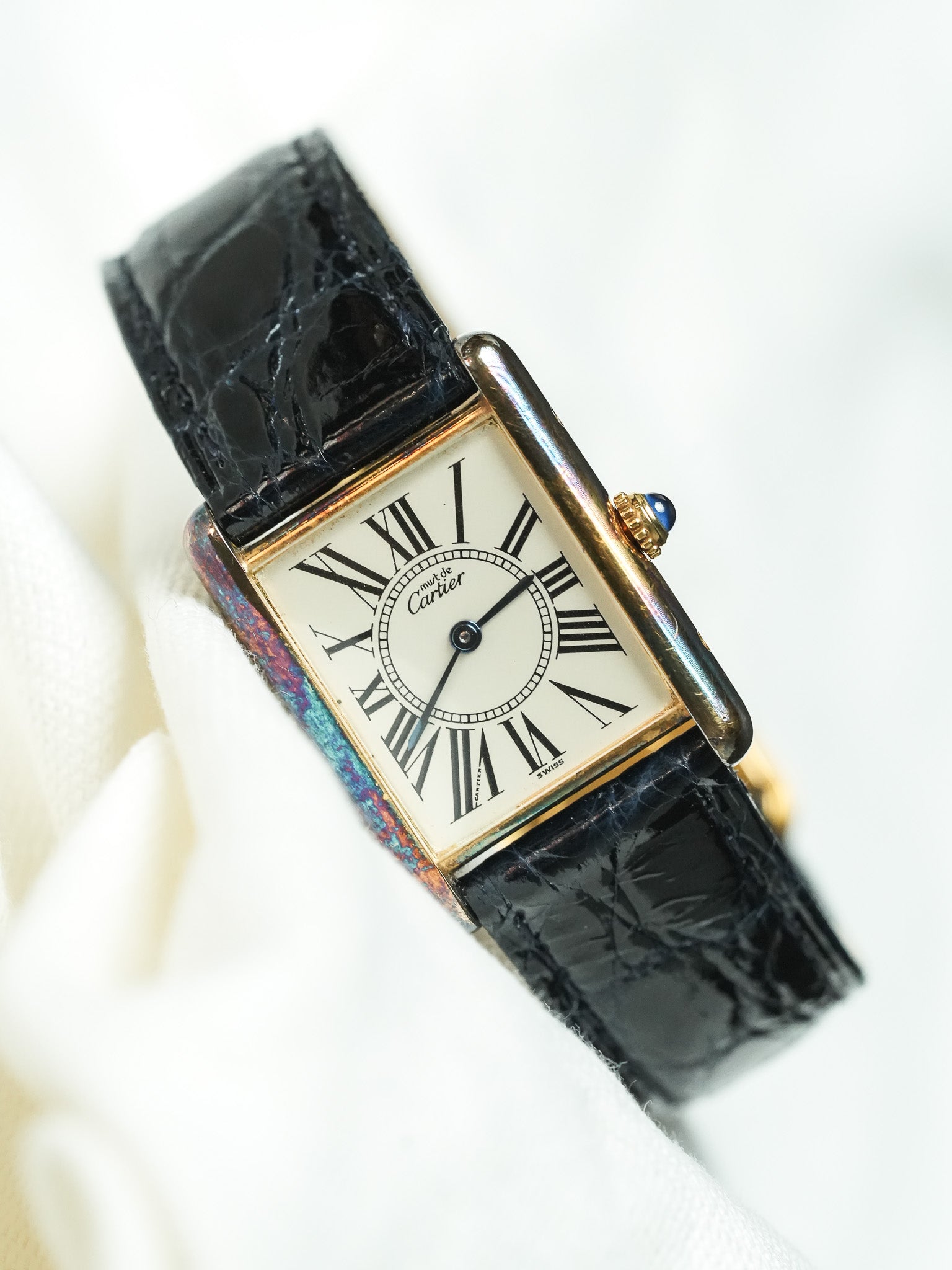 Cartier - Tank Must Vermeil 590005 Medium Opaline Patine Bleu Pétrole - 1980s - Atelier Victor - Vintage Watch Shop