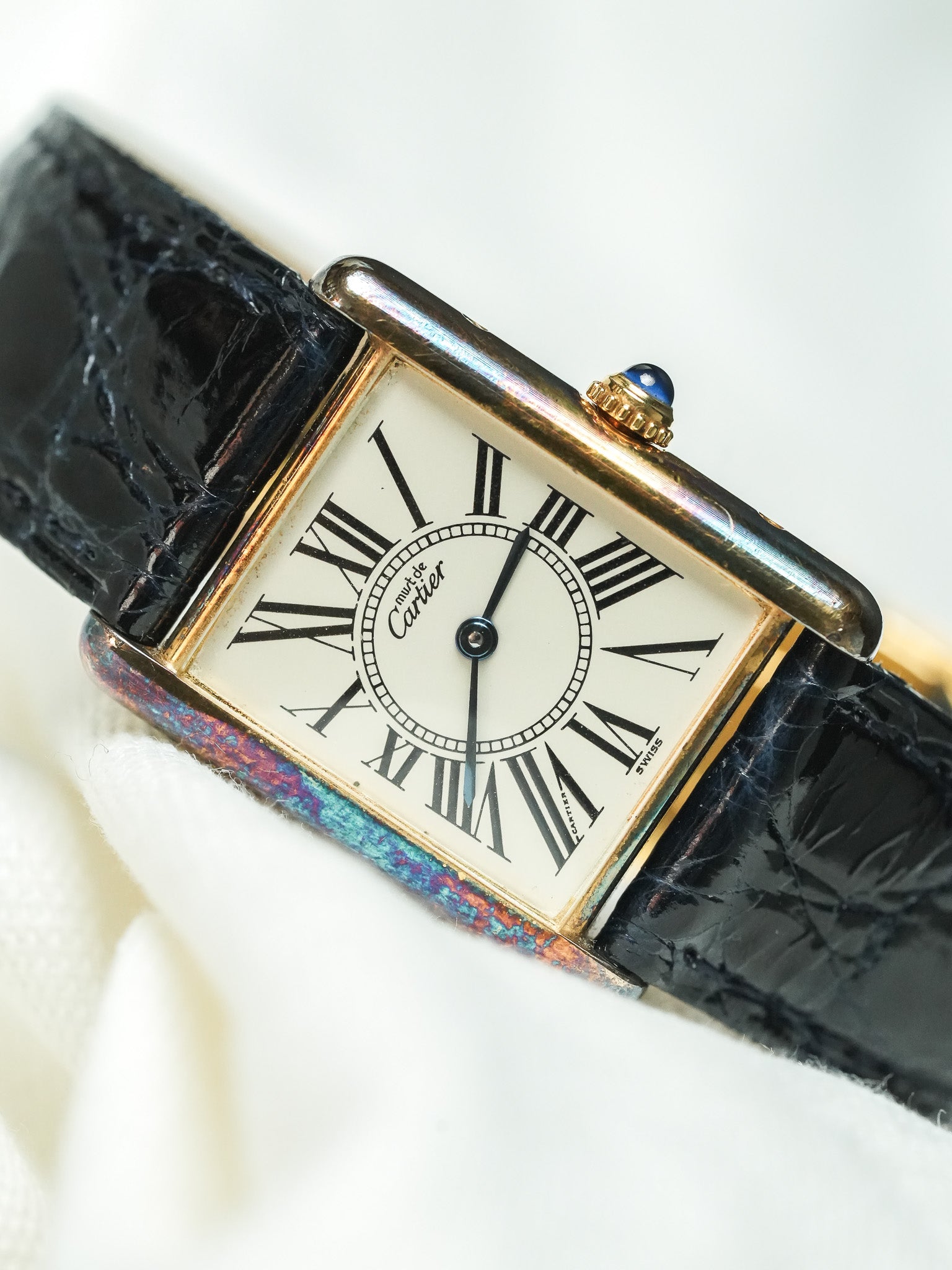Cartier - Tank Must Vermeil 590005 Medium Opaline Patine Bleu Pétrole - 1980s - Atelier Victor - Vintage Watch Shop