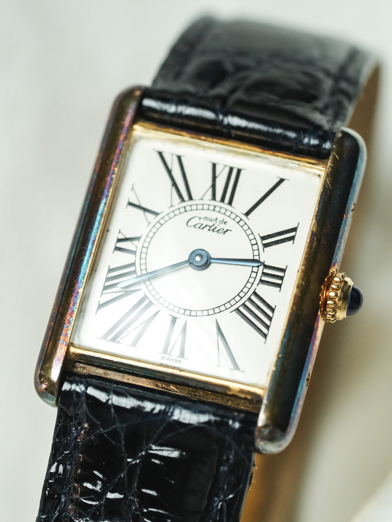 Cartier - Tank Must Vermeil 590005 Medium Opaline Patine Bleu Pétrole - 1980s - Atelier Victor - Vintage Watch Shop