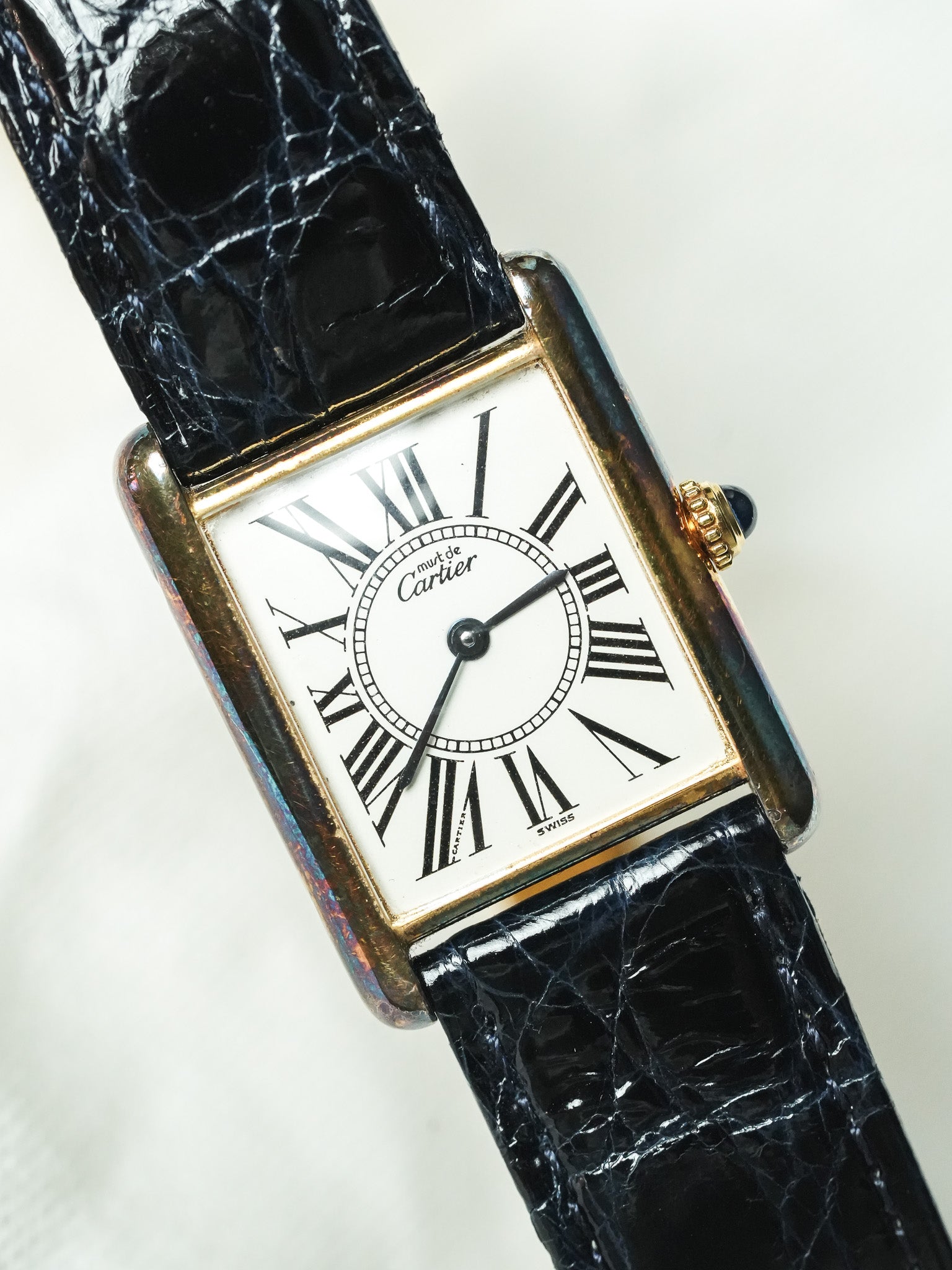 Cartier - Tank Must Vermeil 590005 Medium Opaline Patine Bleu Pétrole - 1980s - Atelier Victor - Vintage Watch Shop