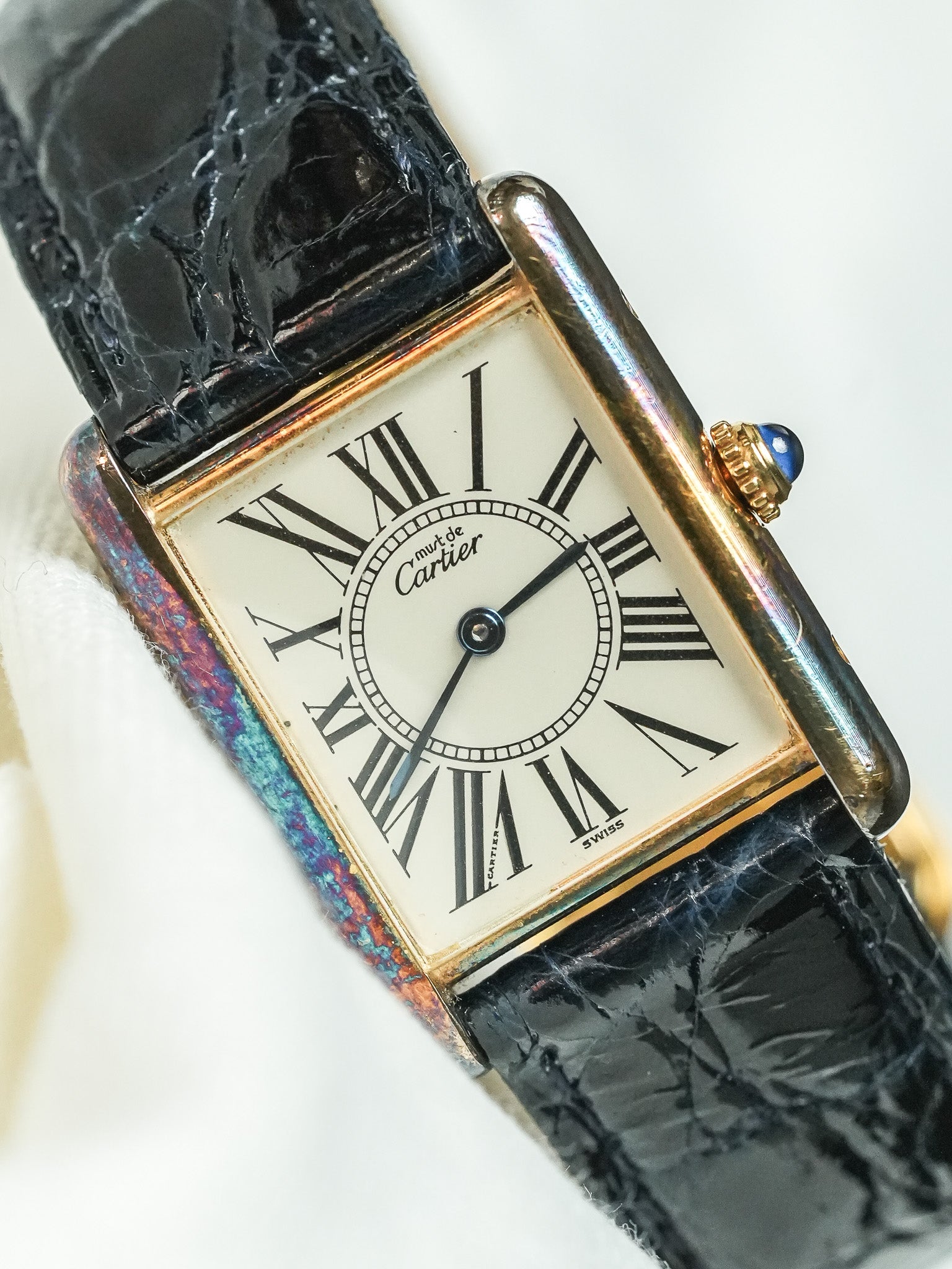 Cartier - Tank Must Vermeil 590005 Medium Opaline Patine Bleu Pétrole - 1980s - Atelier Victor - Vintage Watch Shop