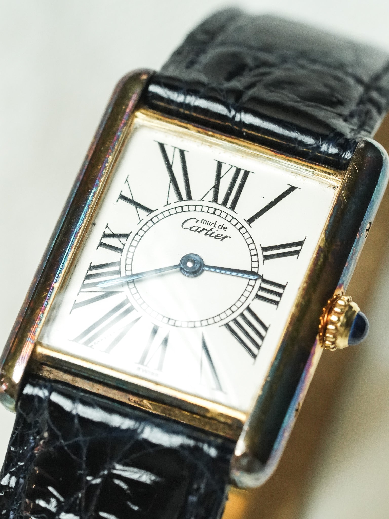 Cartier - Tank Must Vermeil 590005 Medium Opaline Patine Bleu Pétrole - 1980s - Atelier Victor - Vintage Watch Shop
