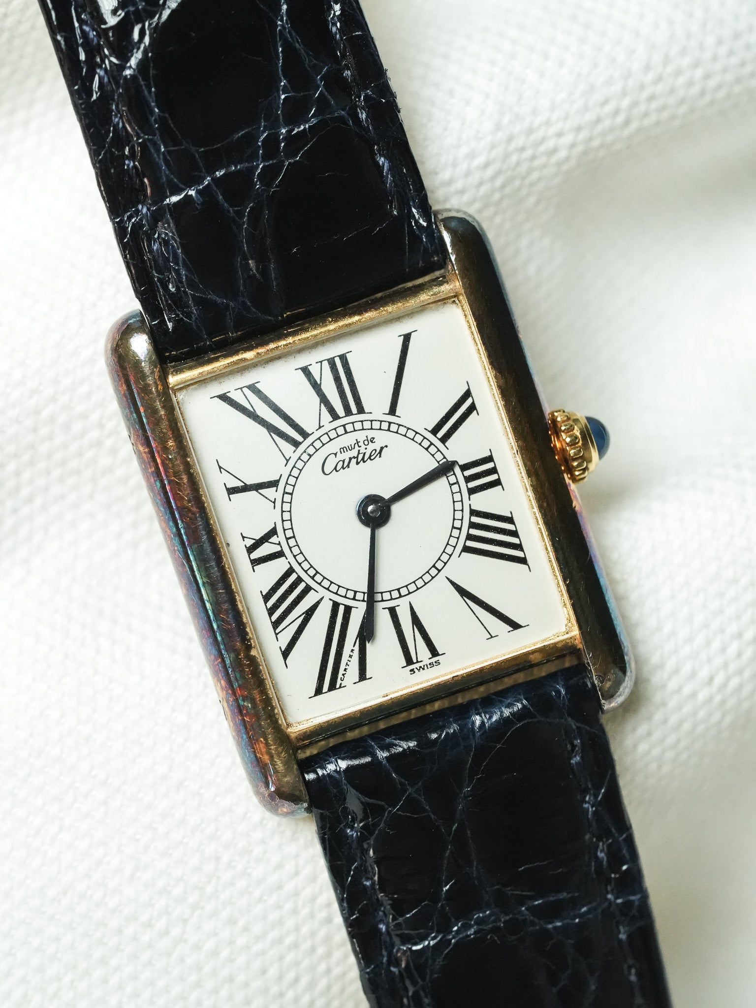Cartier - Tank Must Vermeil 590005 Medium Opaline Patine Bleu Pétrole - 1980s - Atelier Victor - Vintage Watch Shop
