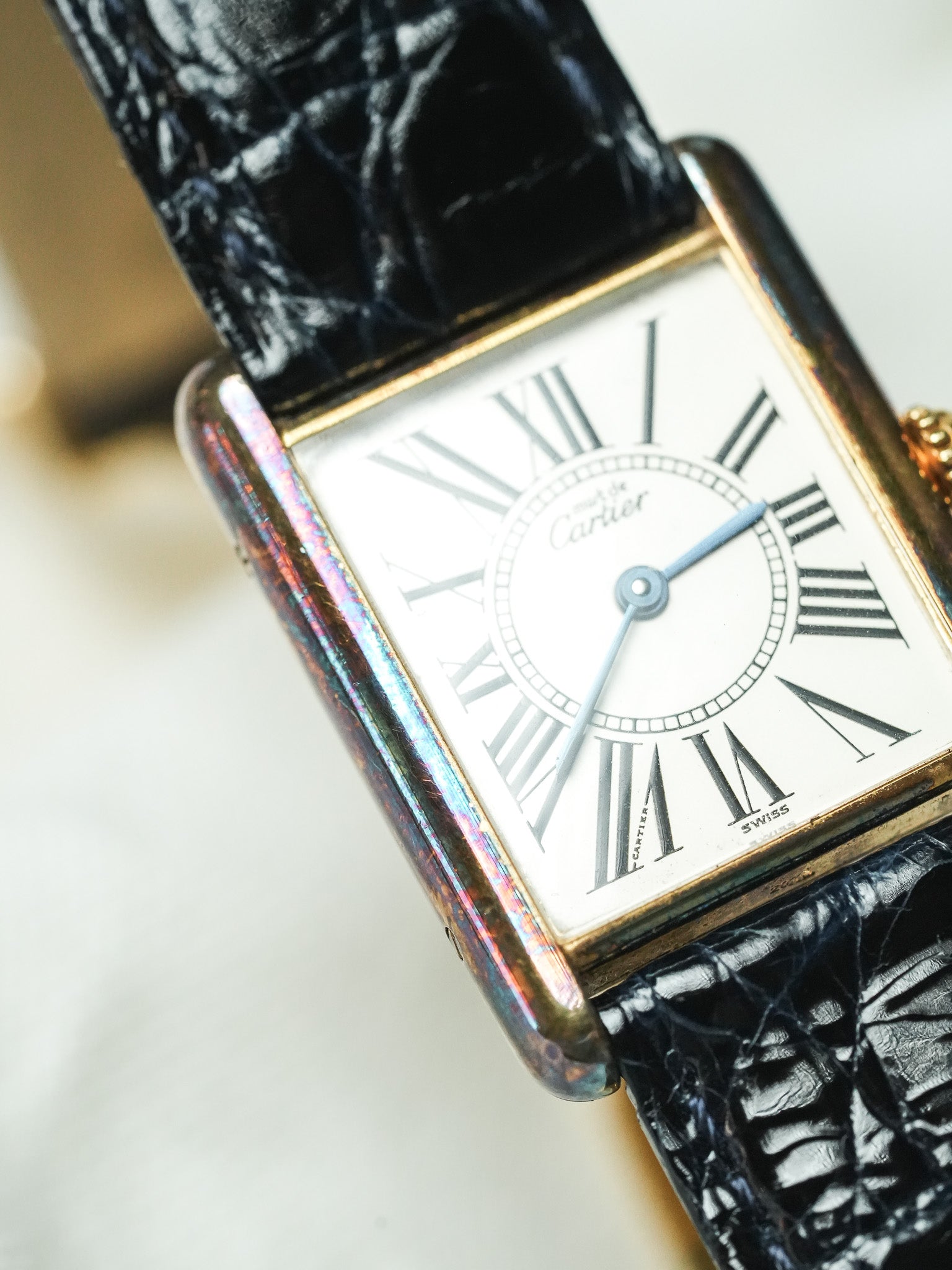 Cartier - Tank Must Vermeil 590005 Medium Opaline Patine Bleu Pétrole - 1980s - Atelier Victor - Vintage Watch Shop