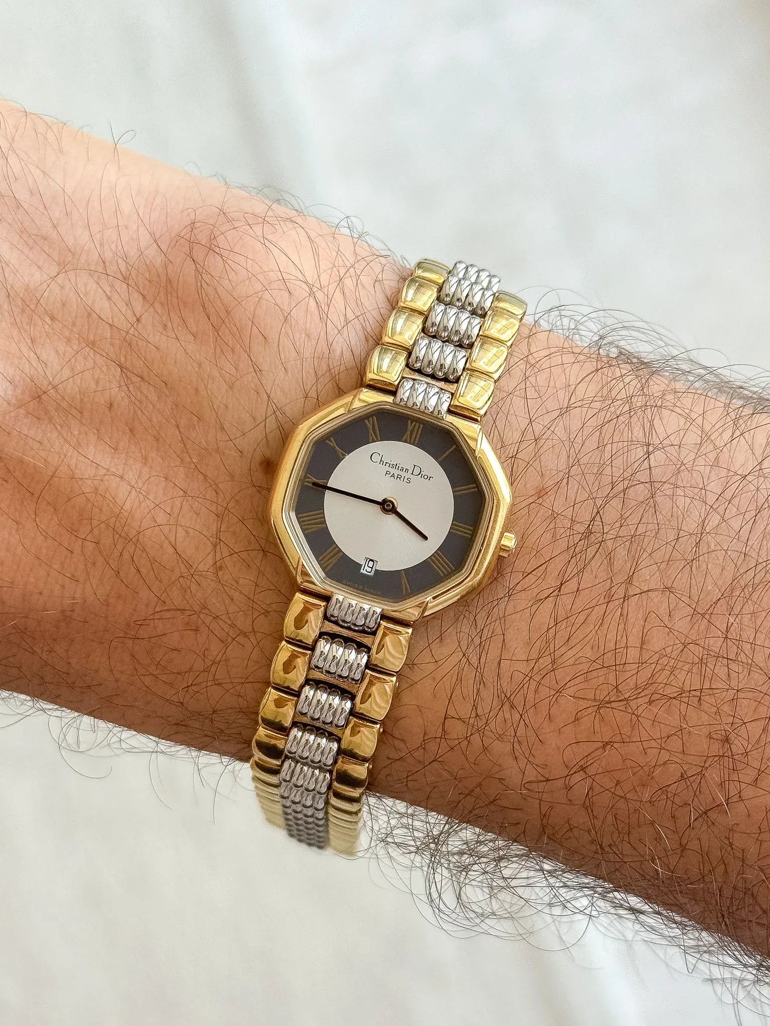 Christian Dior - 48.133 Octogonale Or Acier Cadran Gris- 1990s - Atelier Victor