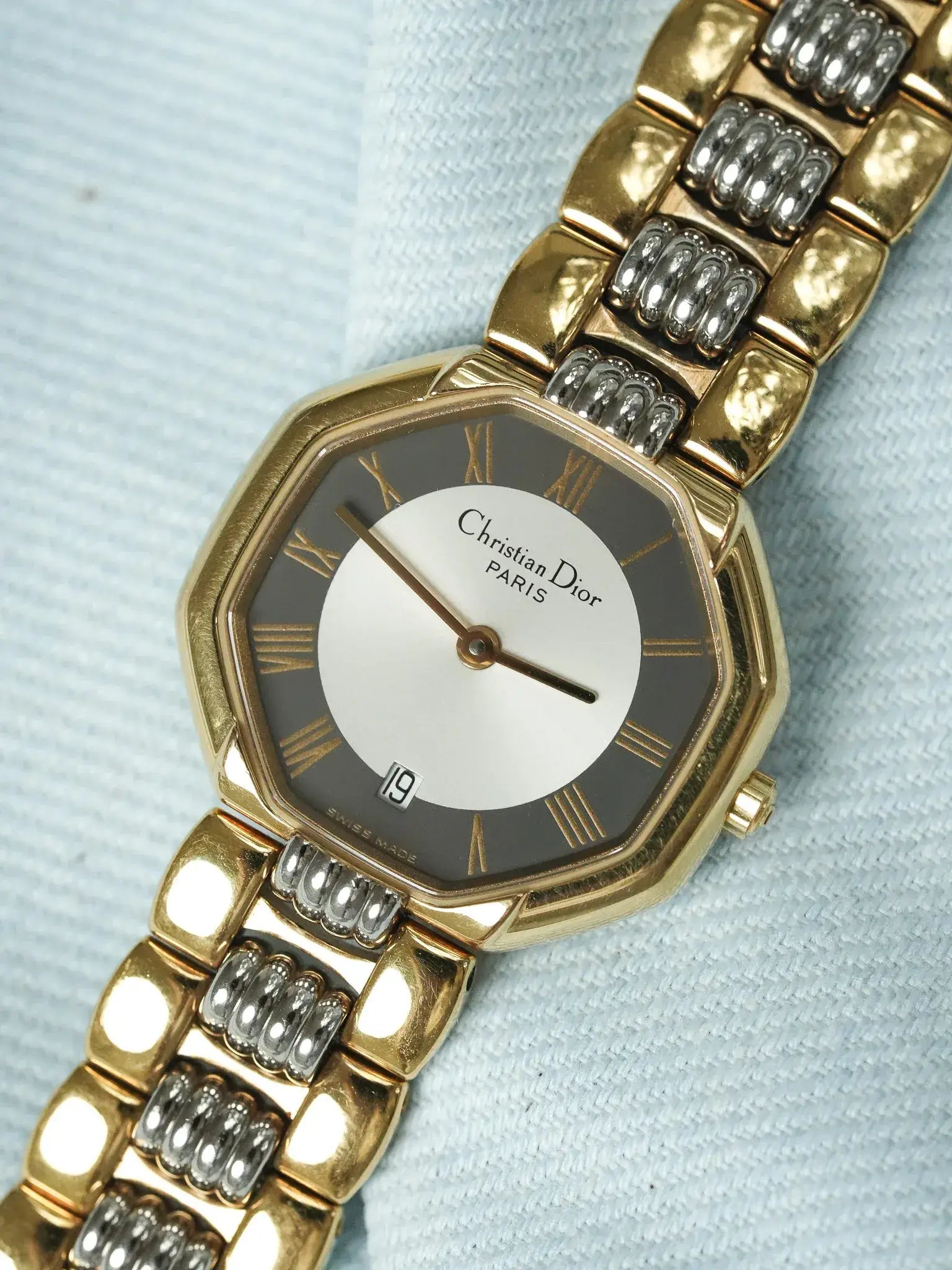 Christian Dior - 48.133 Octogonale Or Acier Cadran Gris- 1990s - Atelier Victor