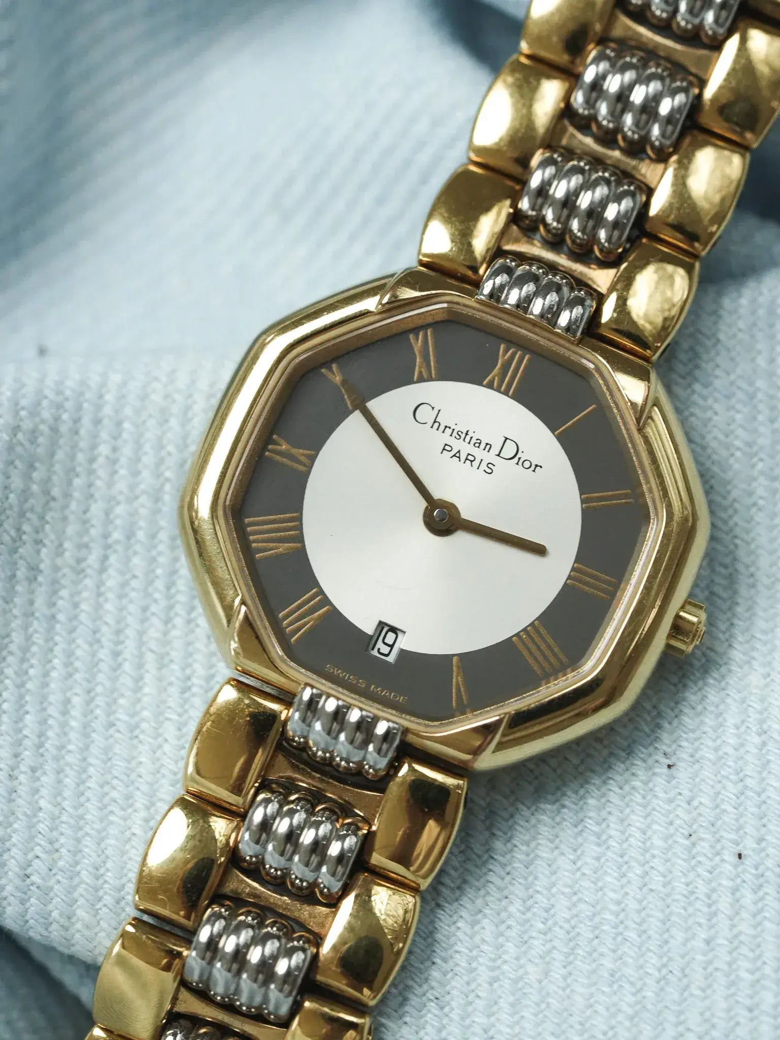 Christian Dior - 48.133 Octogonale Or Acier Cadran Gris- 1990s - Atelier Victor