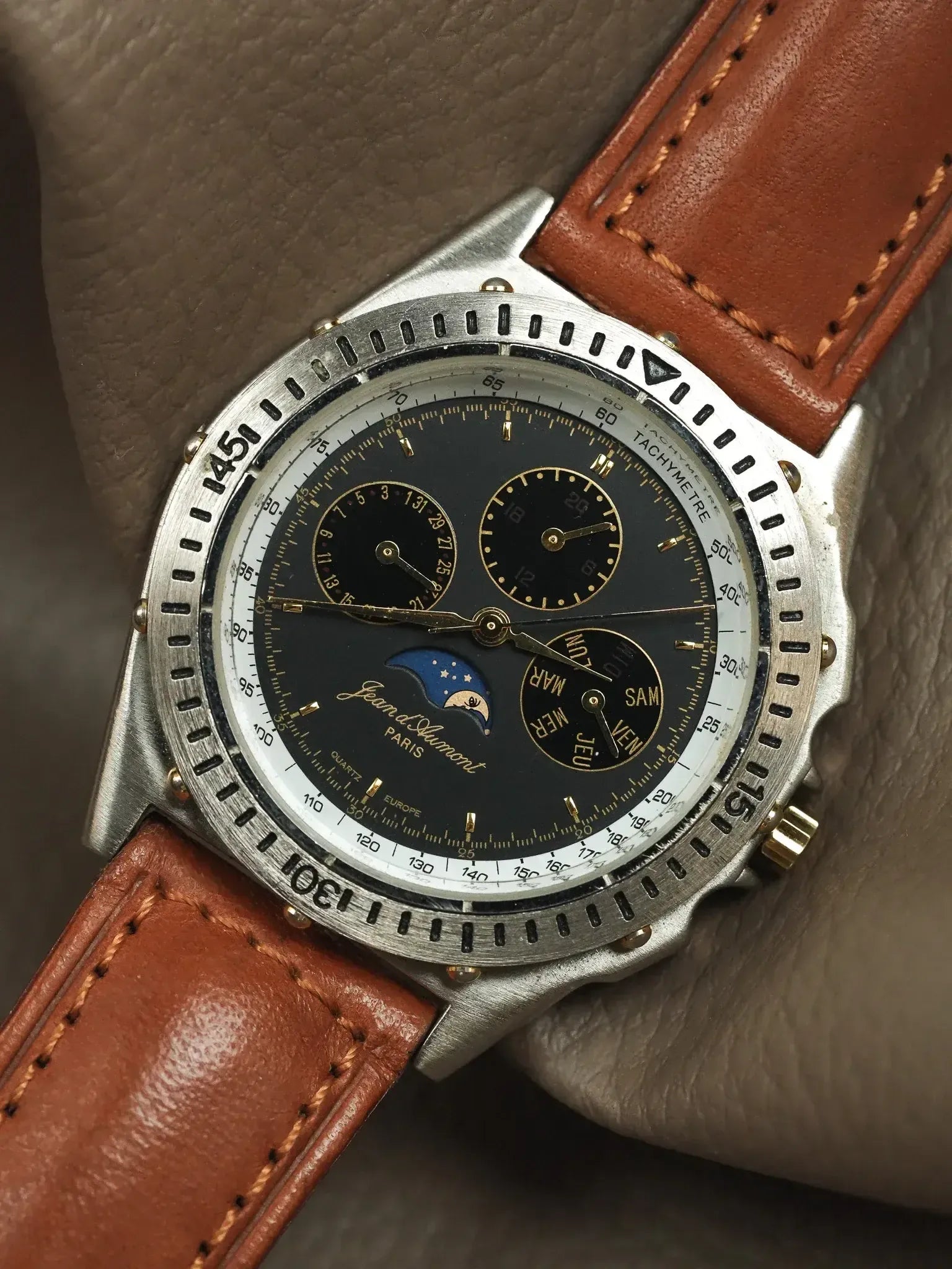 Jean d’Aumont Paris - Acier Triple Date Phase de lune Cadran noir - 1990s - Atelier Victor