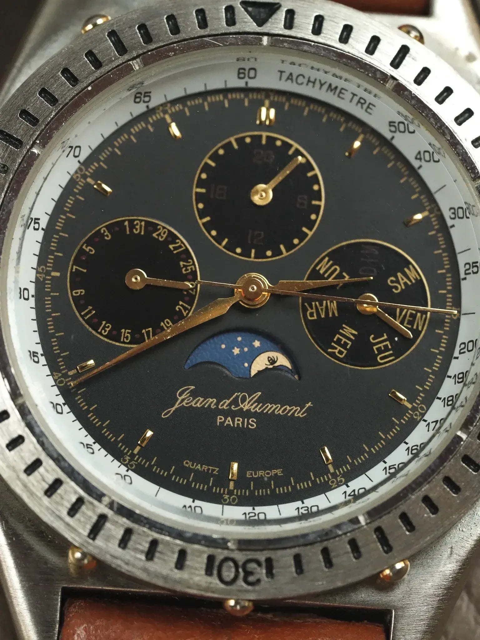 Jean d’Aumont Paris - Acier Triple Date Phase de lune Cadran noir - 1990s - Atelier Victor