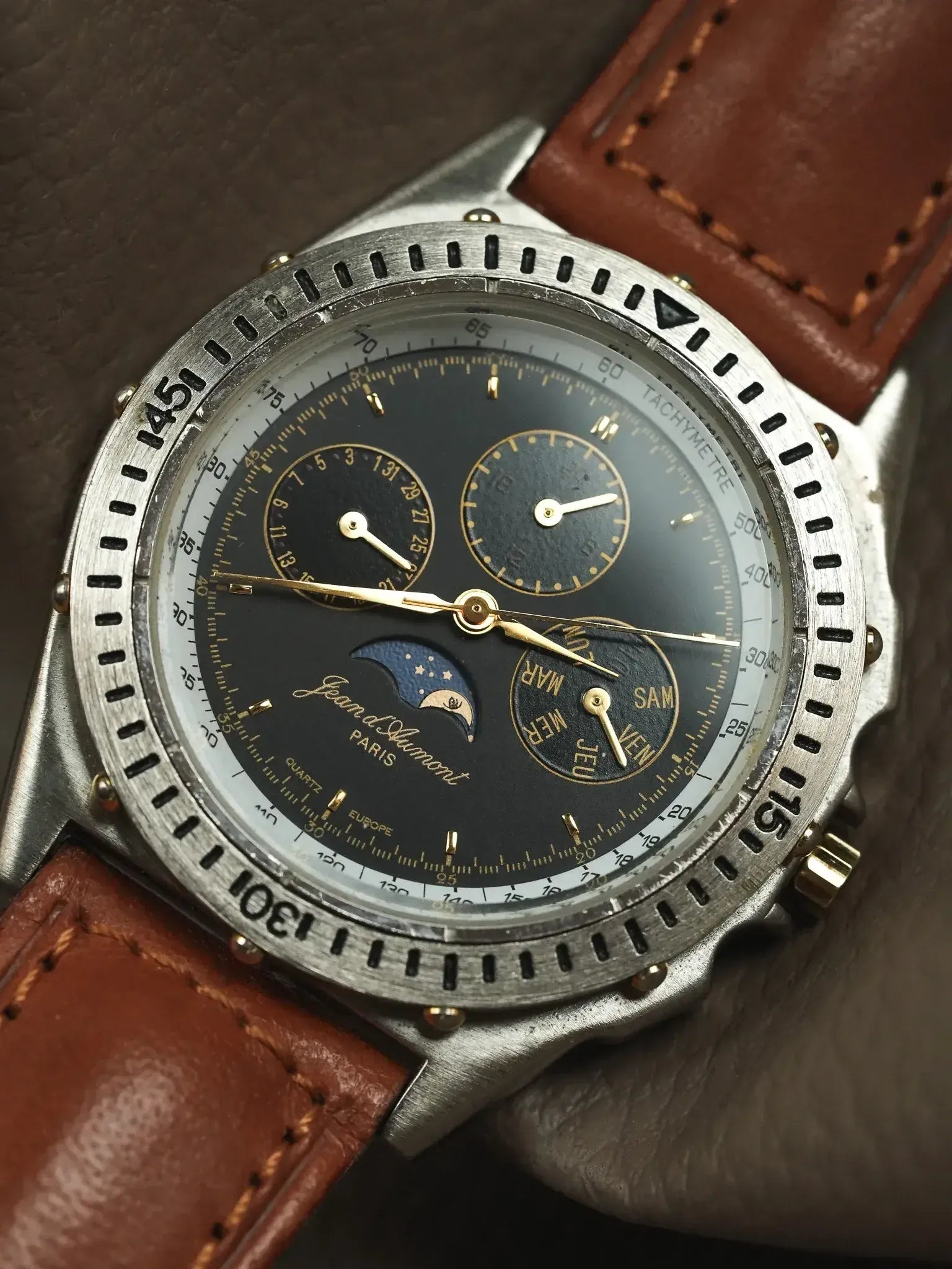 Jean d’Aumont Paris - Acier Triple Date Phase de lune Cadran noir - 1990s - Atelier Victor