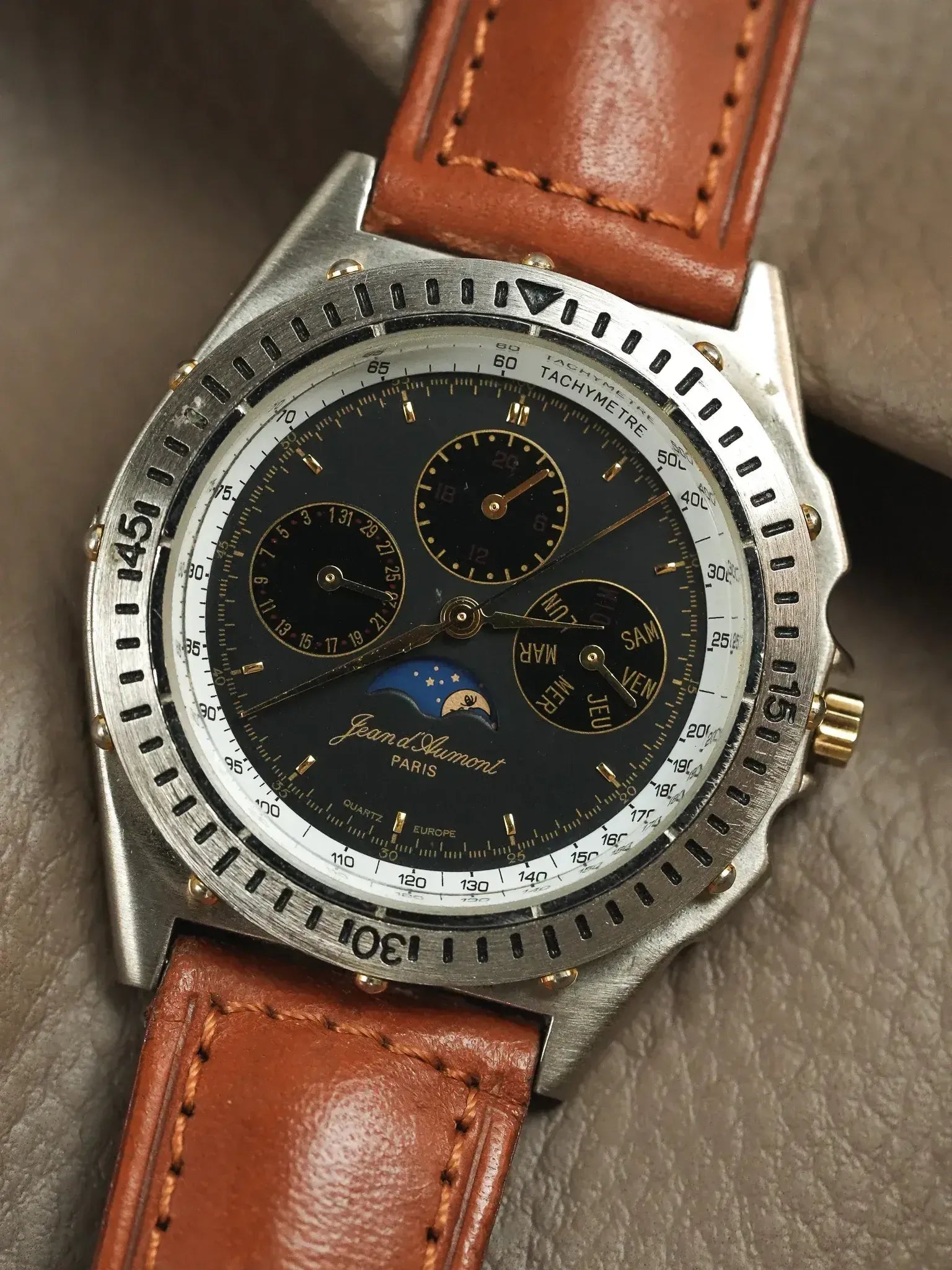 Jean d’Aumont Paris - Acier Triple Date Phase de lune Cadran noir - 1990s - Atelier Victor