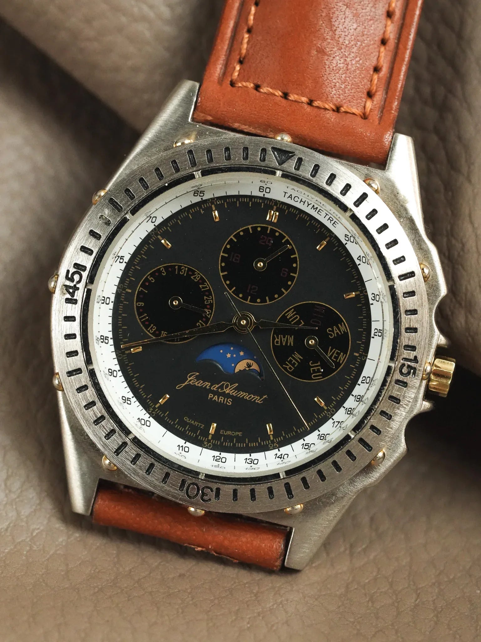 Jean d’Aumont Paris - Acier Triple Date Phase de lune Cadran noir - 1990s - Atelier Victor - Vintage Shop