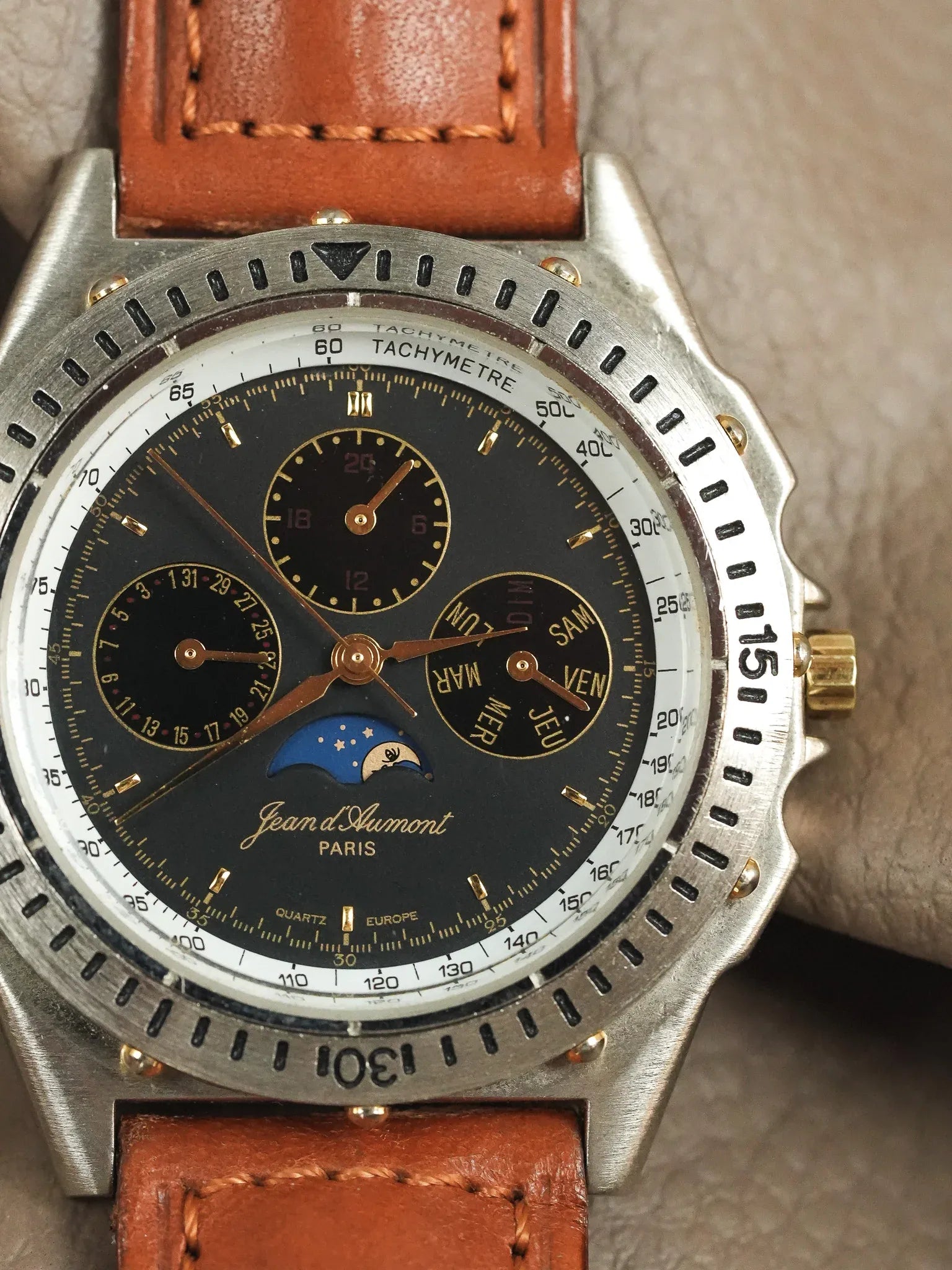 Jean d’Aumont Paris - Acier Triple Date Phase de lune Cadran noir - 1990s - Atelier Victor - Vintage Shop