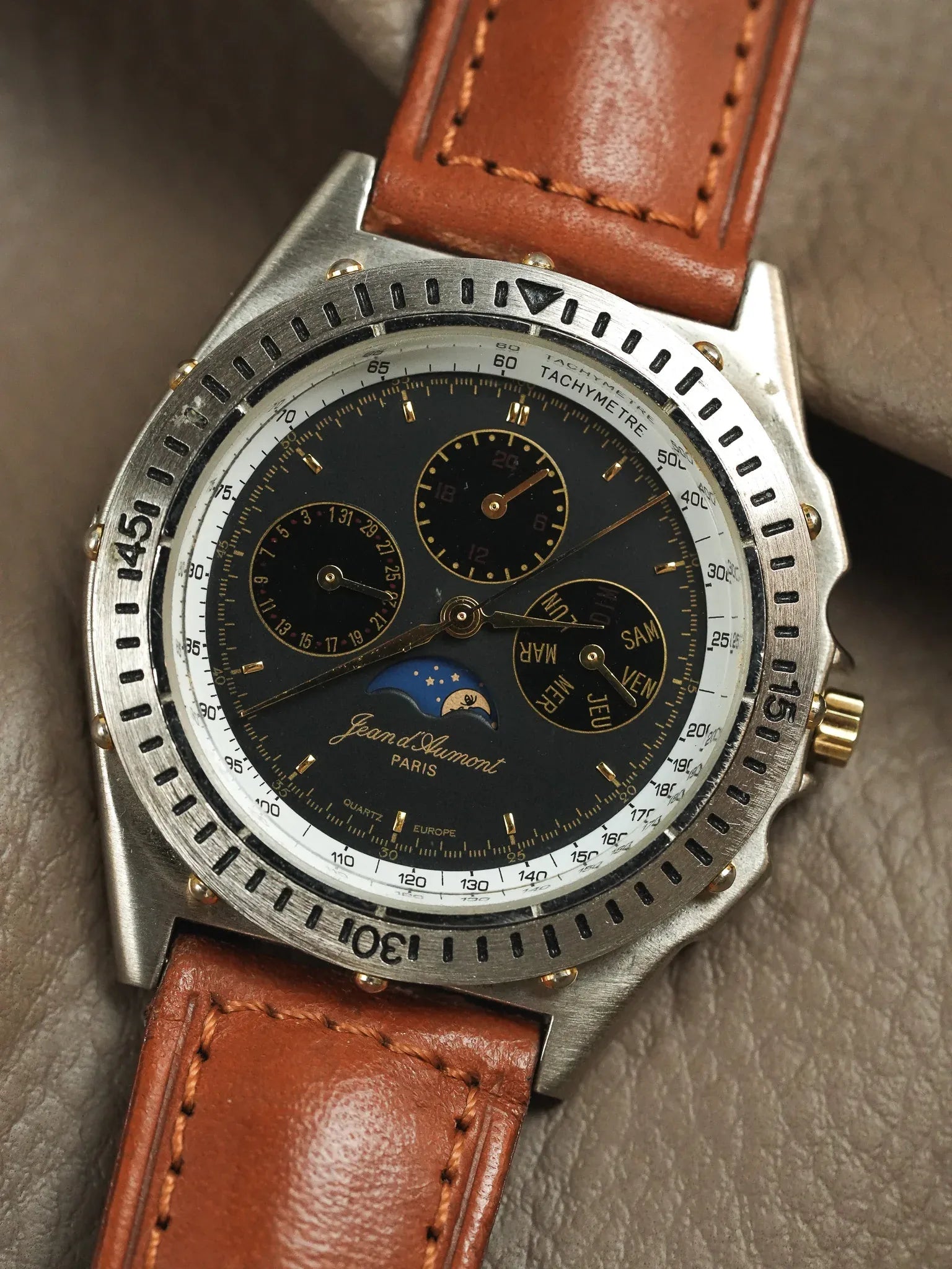 Jean d’Aumont Paris - Acier Triple Date Phase de lune Cadran noir - 1990s - Atelier Victor - Vintage Shop
