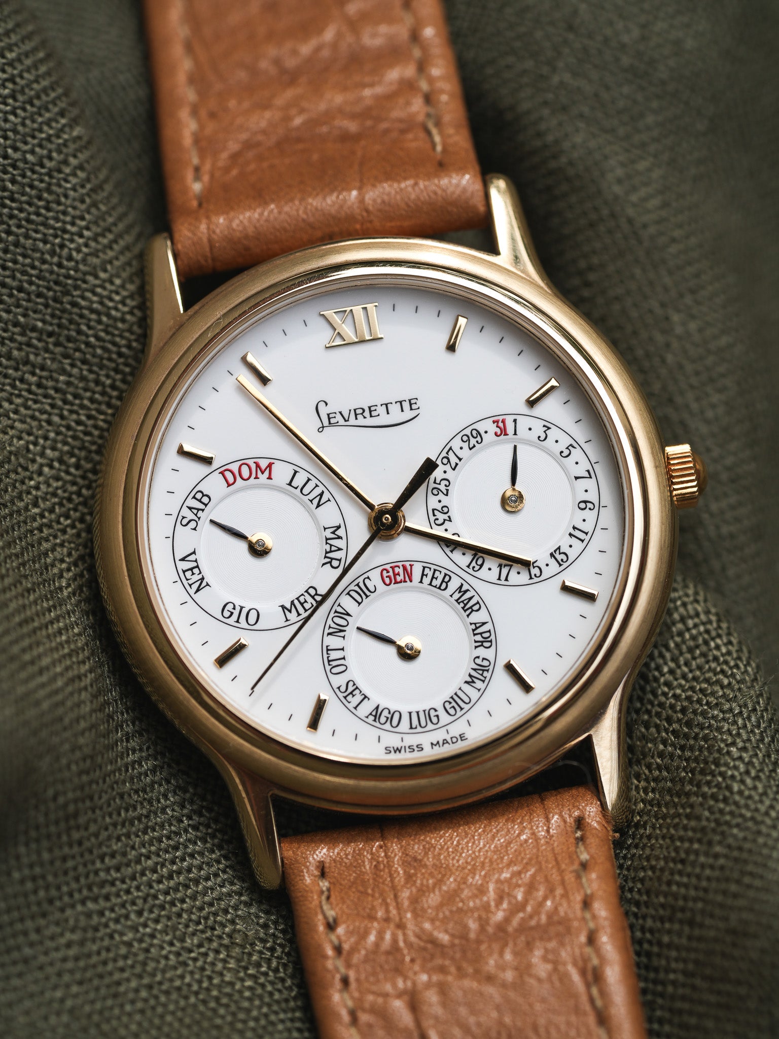 Levrette - Triple Calendar Plaqué or Blanc - NOS - 1990s - Atelier Victor Paris - Vintage Watch Shop Dubai