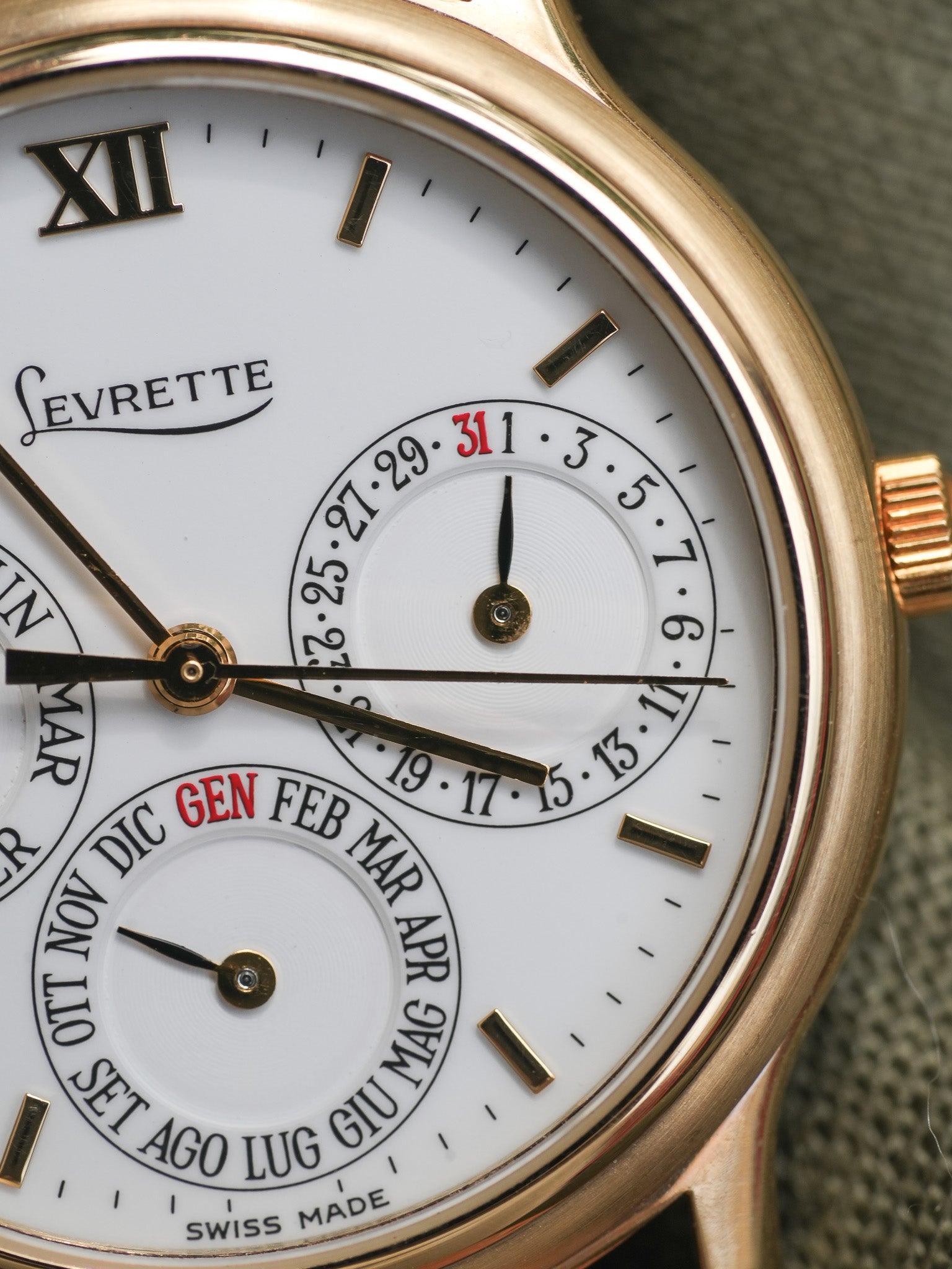 Levrette - Triple Calendar Plaqué or Blanc - NOS - 1990s - Atelier Victor Paris - Vintage Watch Shop Dubai