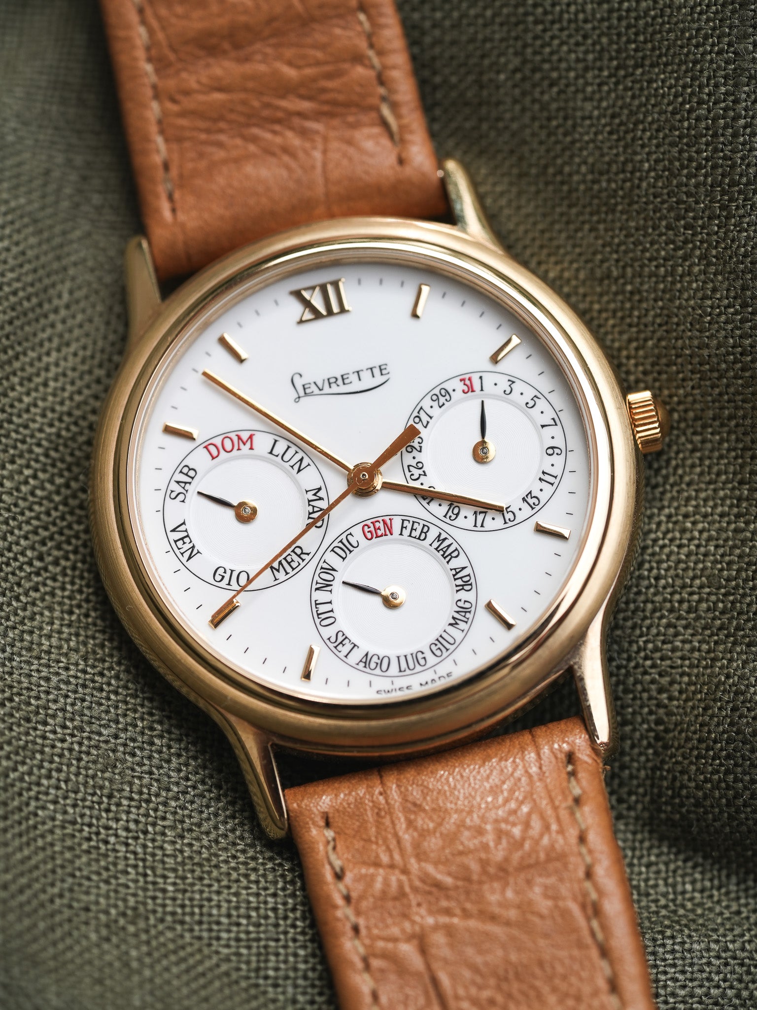 Levrette - Triple Calendar Plaqué or Blanc - NOS - 1990s - Atelier Victor Paris - Vintage Watch Shop Dubai