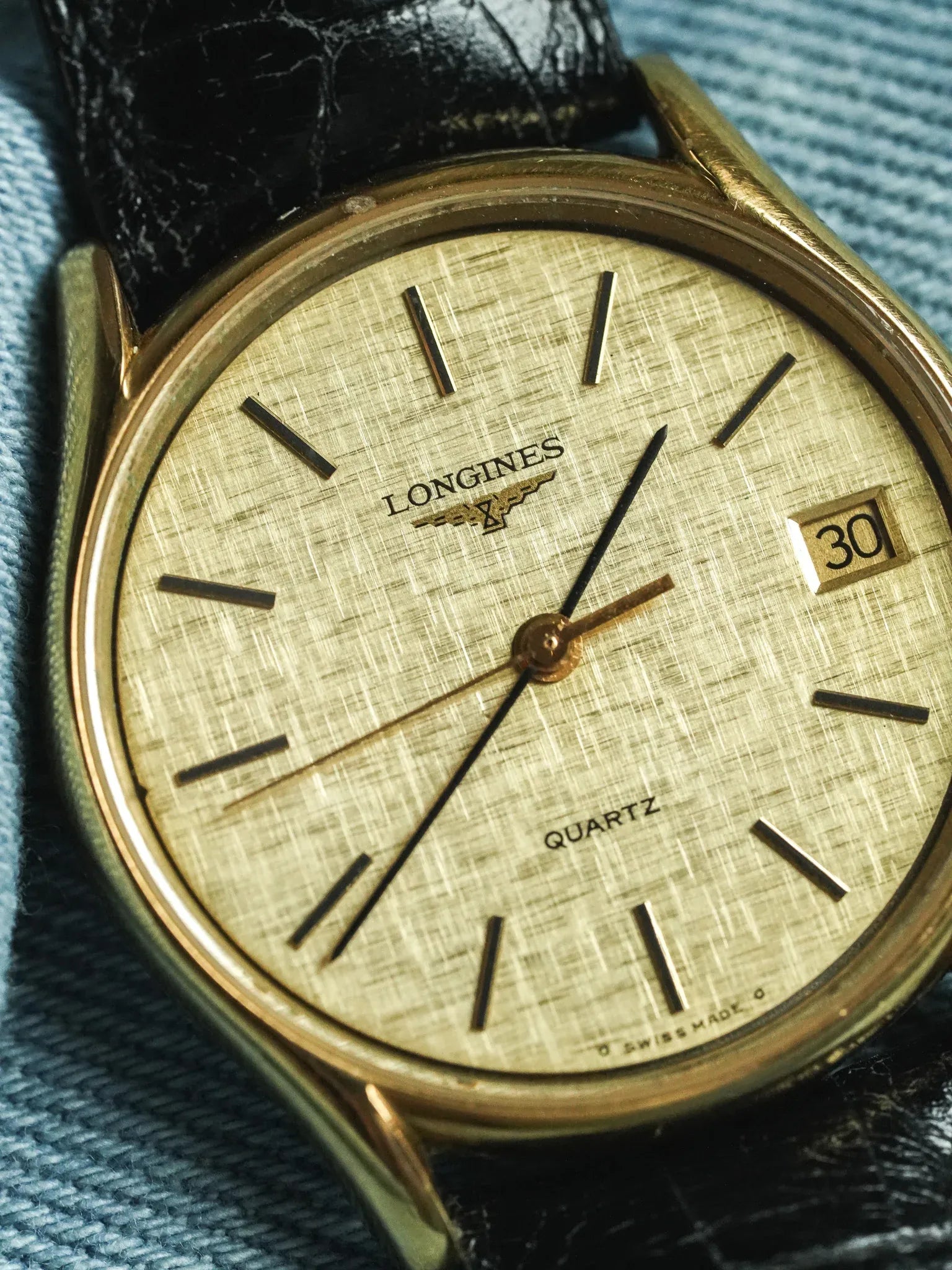 Longines - Cadran lin date plaqué or index onyx - 1980s - Atelier Victor