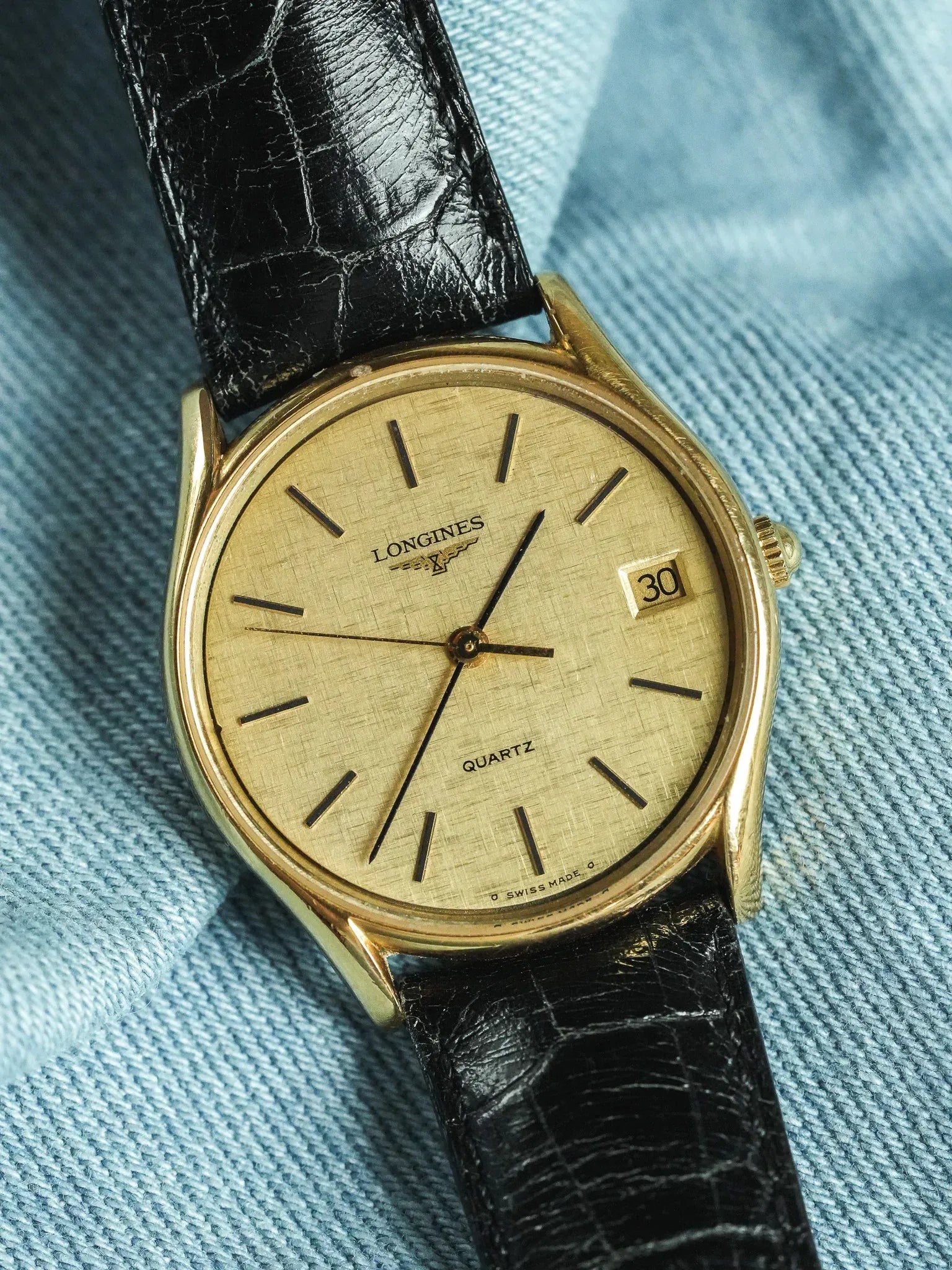 Longines - Cadran lin date plaqué or index onyx - 1980s - Atelier Victor