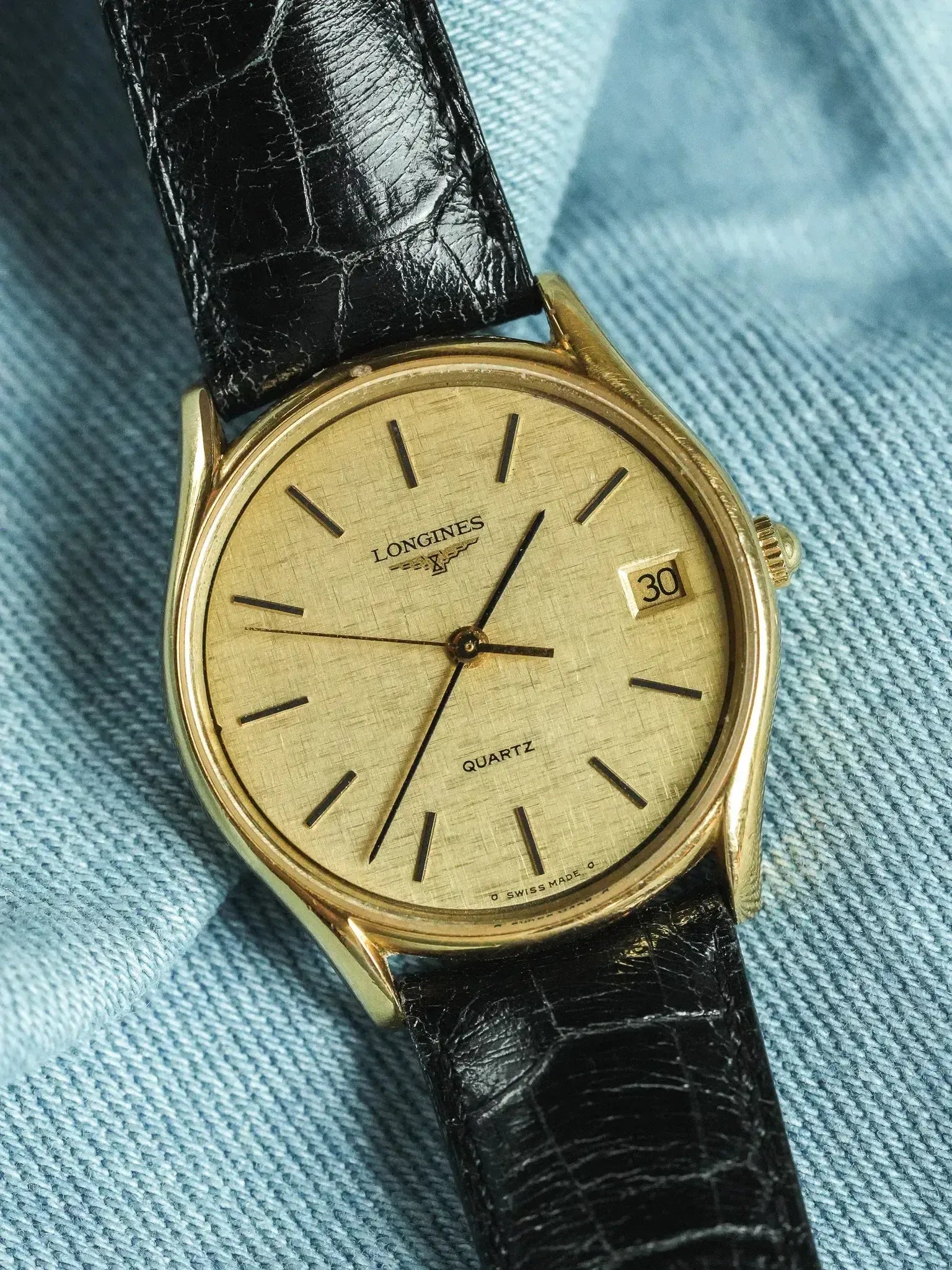 Longines - Cadran lin date plaqué or index onyx - 1980s - Atelier Victor