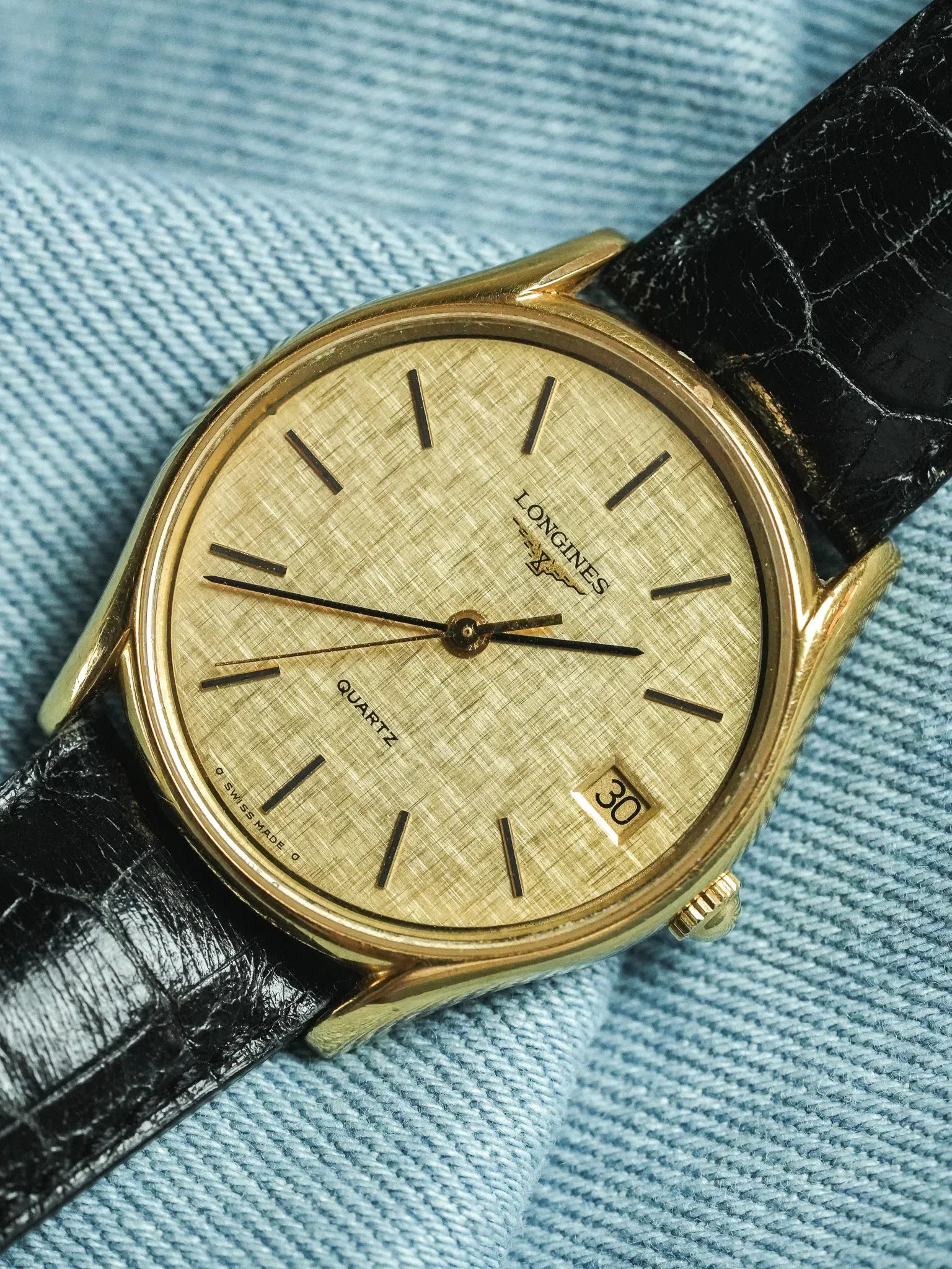 Longines - Cadran lin date plaqué or index onyx - 1980s - Atelier Victor