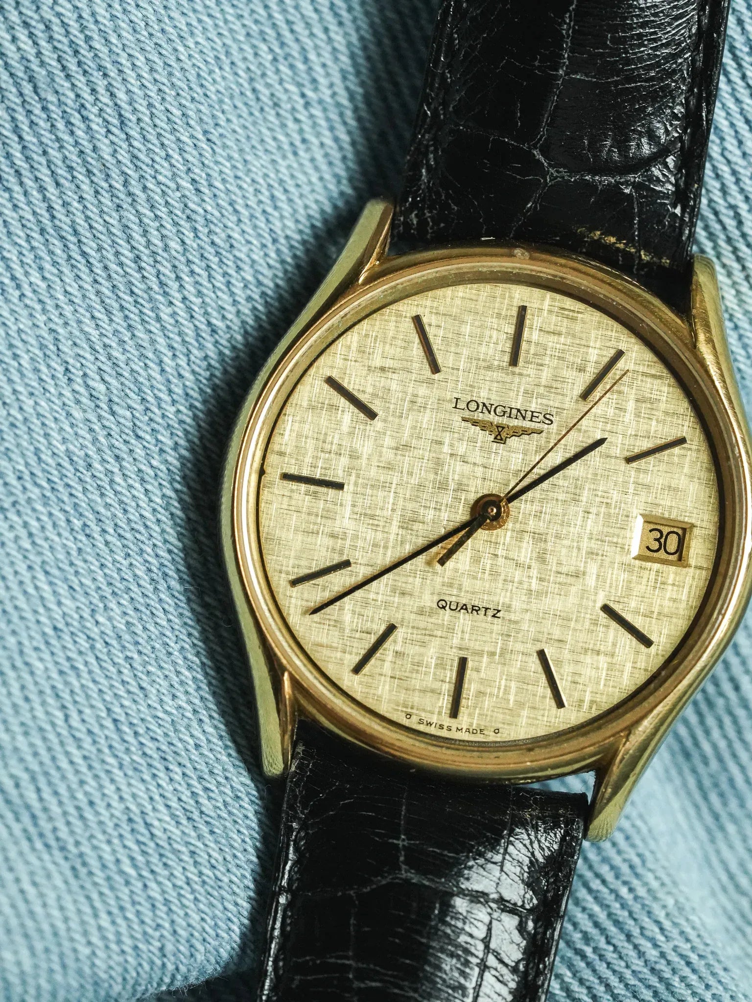 Longines - Cadran lin date plaqué or index onyx - 1980s - Atelier Victor