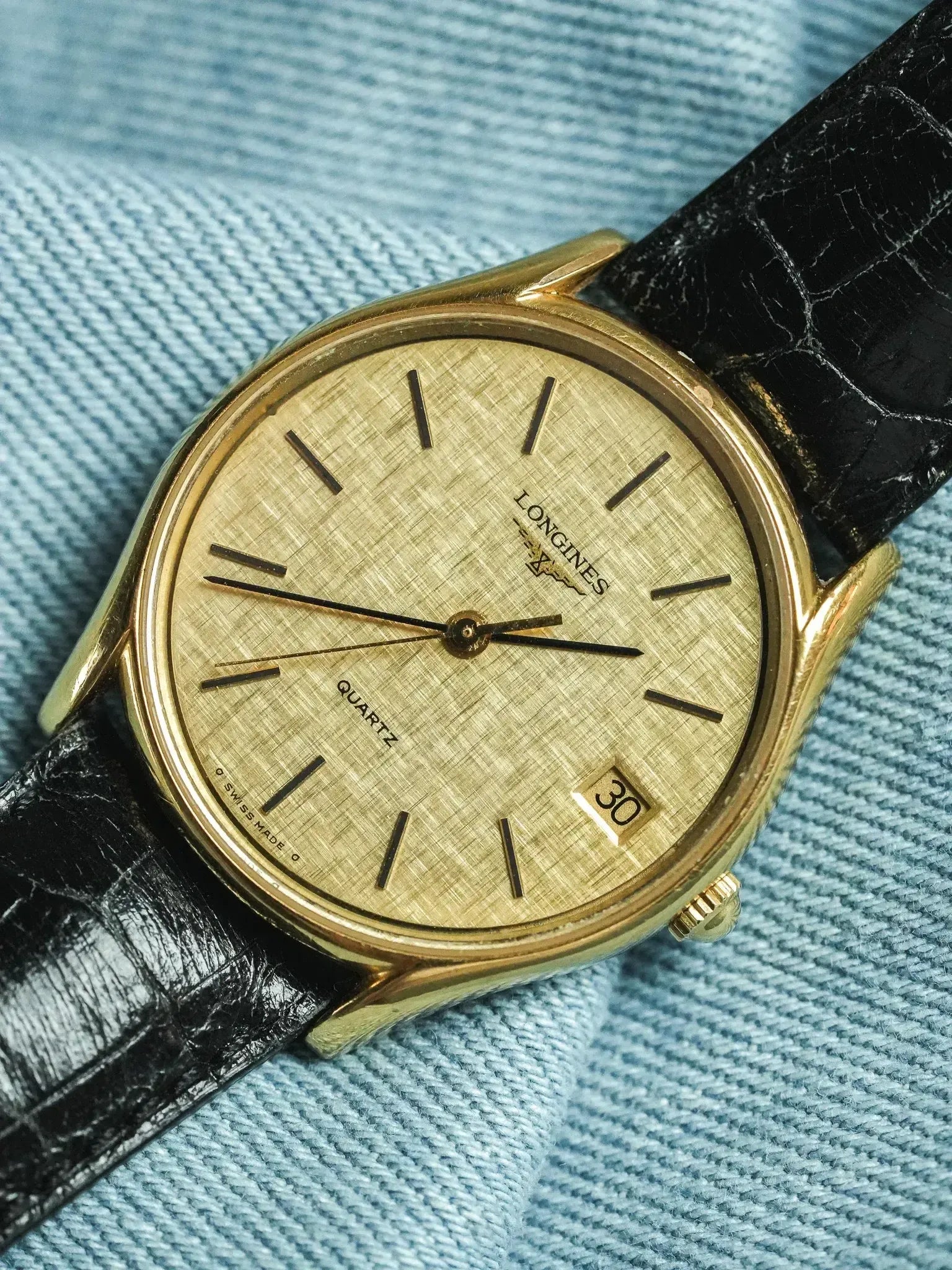 Longines - Cadran lin date plaqué or index onyx - 1980s - Atelier Victor