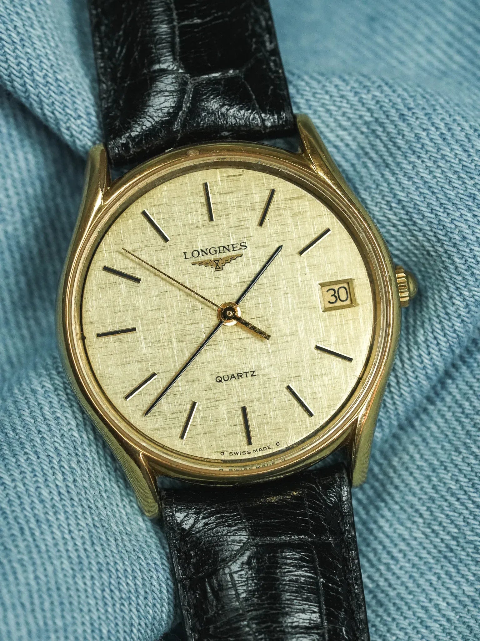 Longines - Cadran lin date plaqué or index onyx - 1980s - Atelier Victor