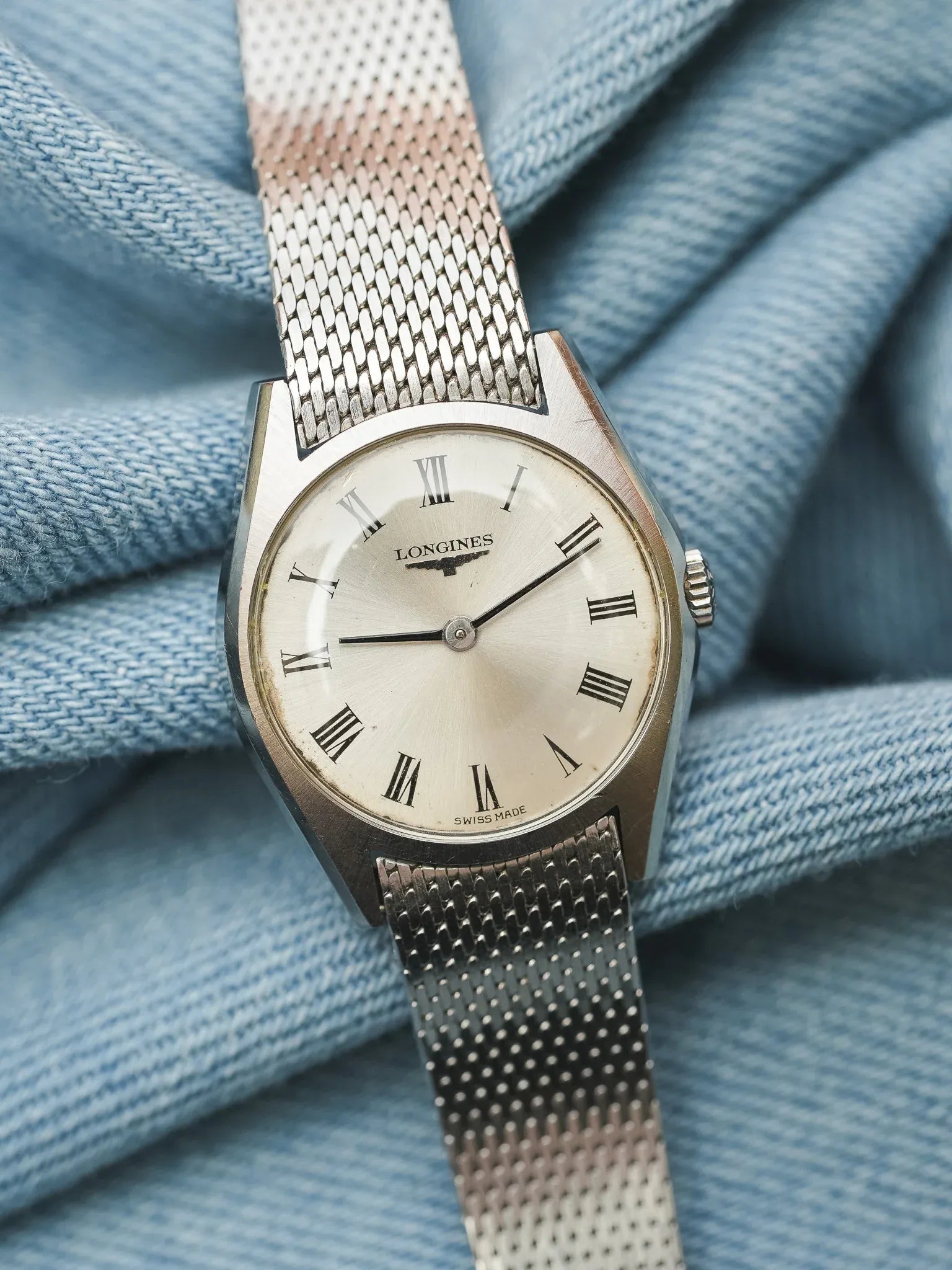 Longines - mini Dress Watch en maille milanaise acier index romain - 1970s - Atelier Victor