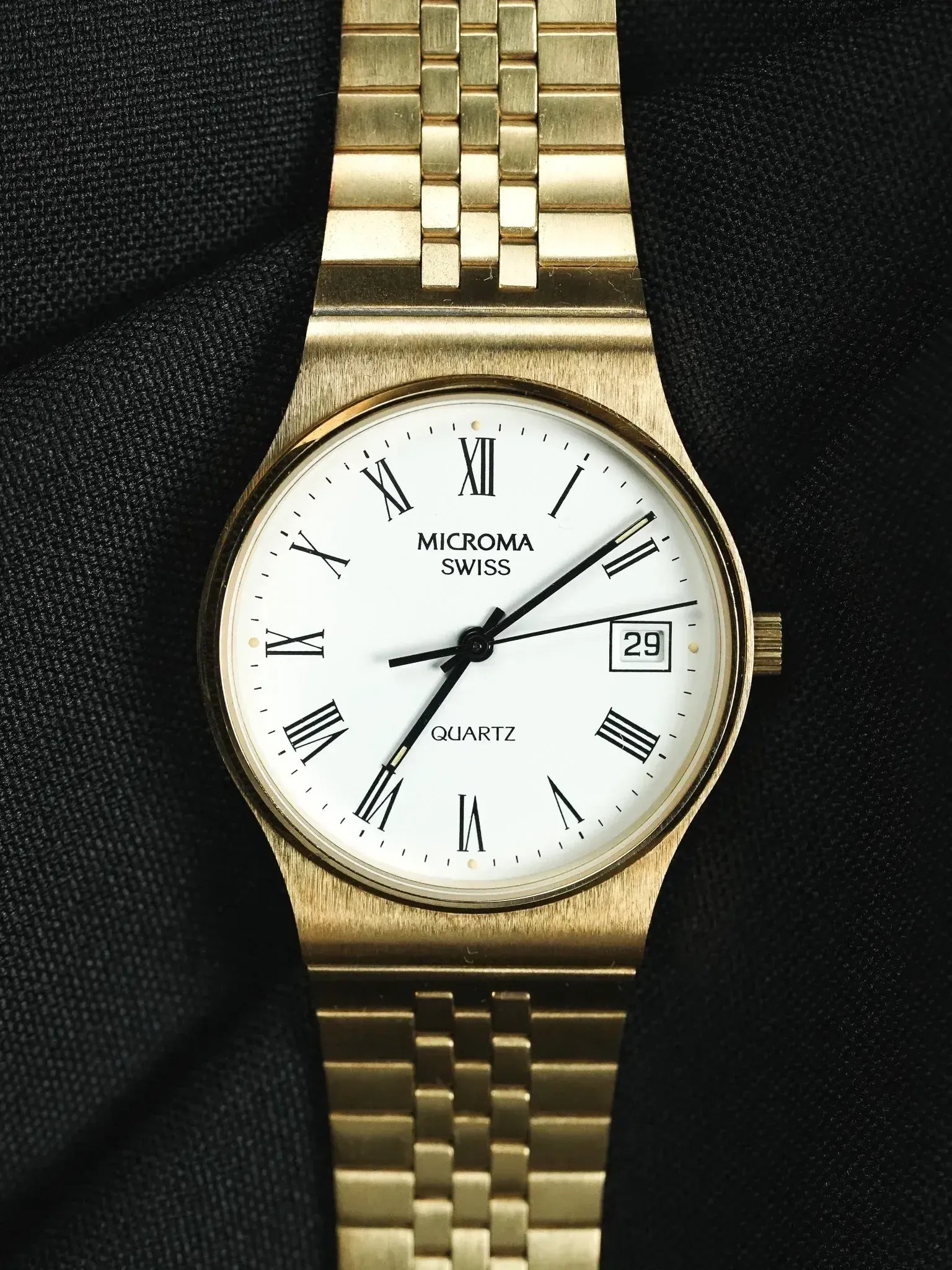 Microma Swiss - Romain Blanc Bracelet intégré plaqué or - Neuve de stock - 1990s - Atelier Victor