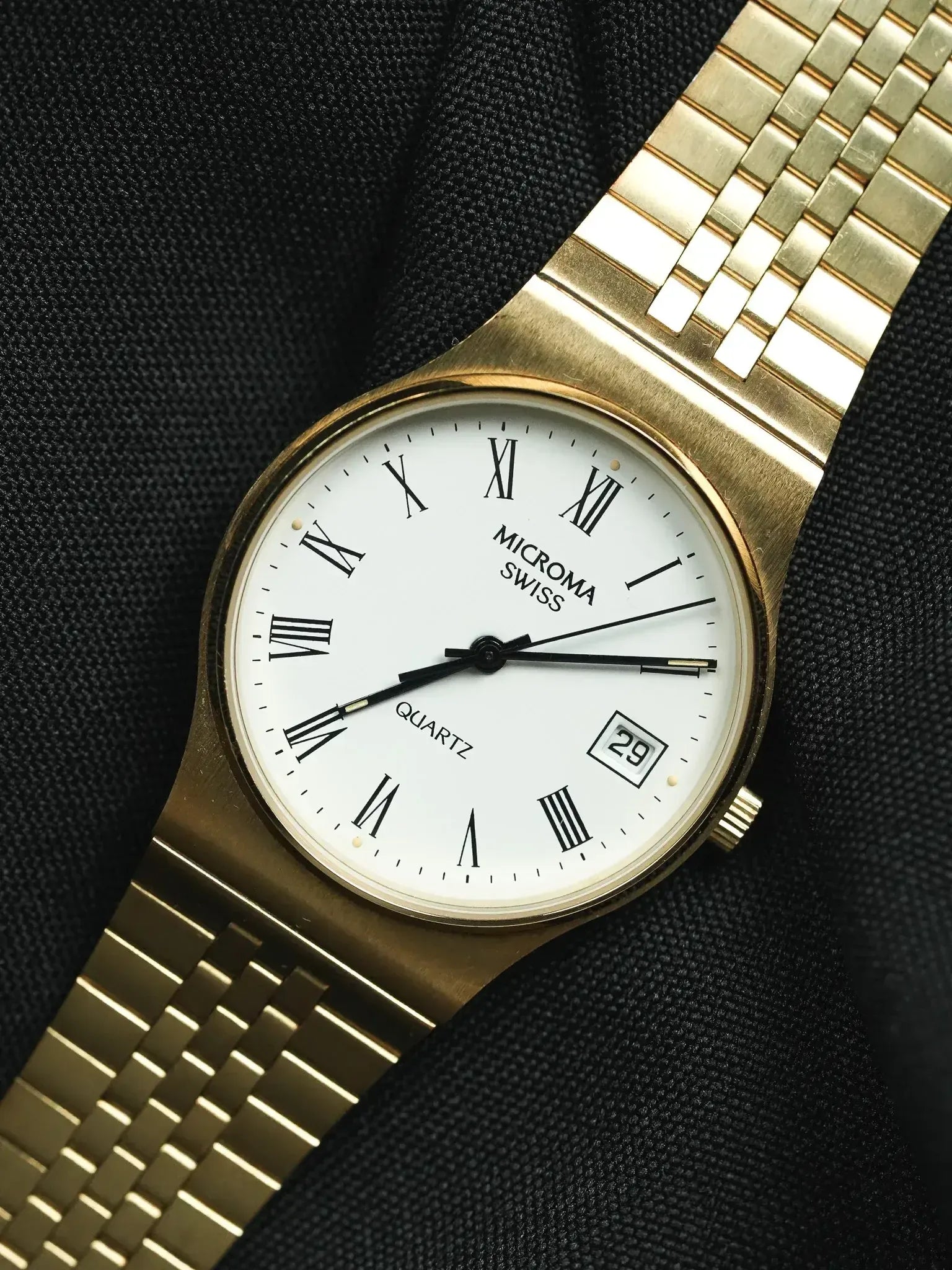 Microma Swiss - Romain Blanc Bracelet intégré plaqué or - Neuve de stock - 1990s - Atelier Victor