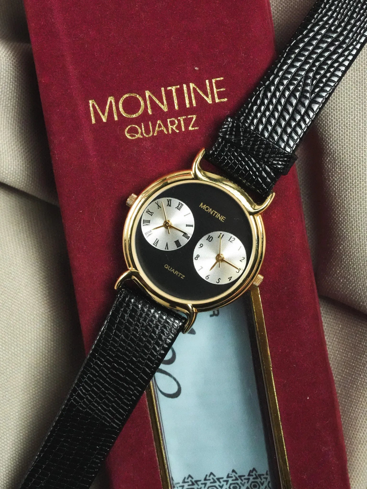 Montine - Double fuseaux horaires cadran noir - boite & papier - 1990s - Atelier Victor