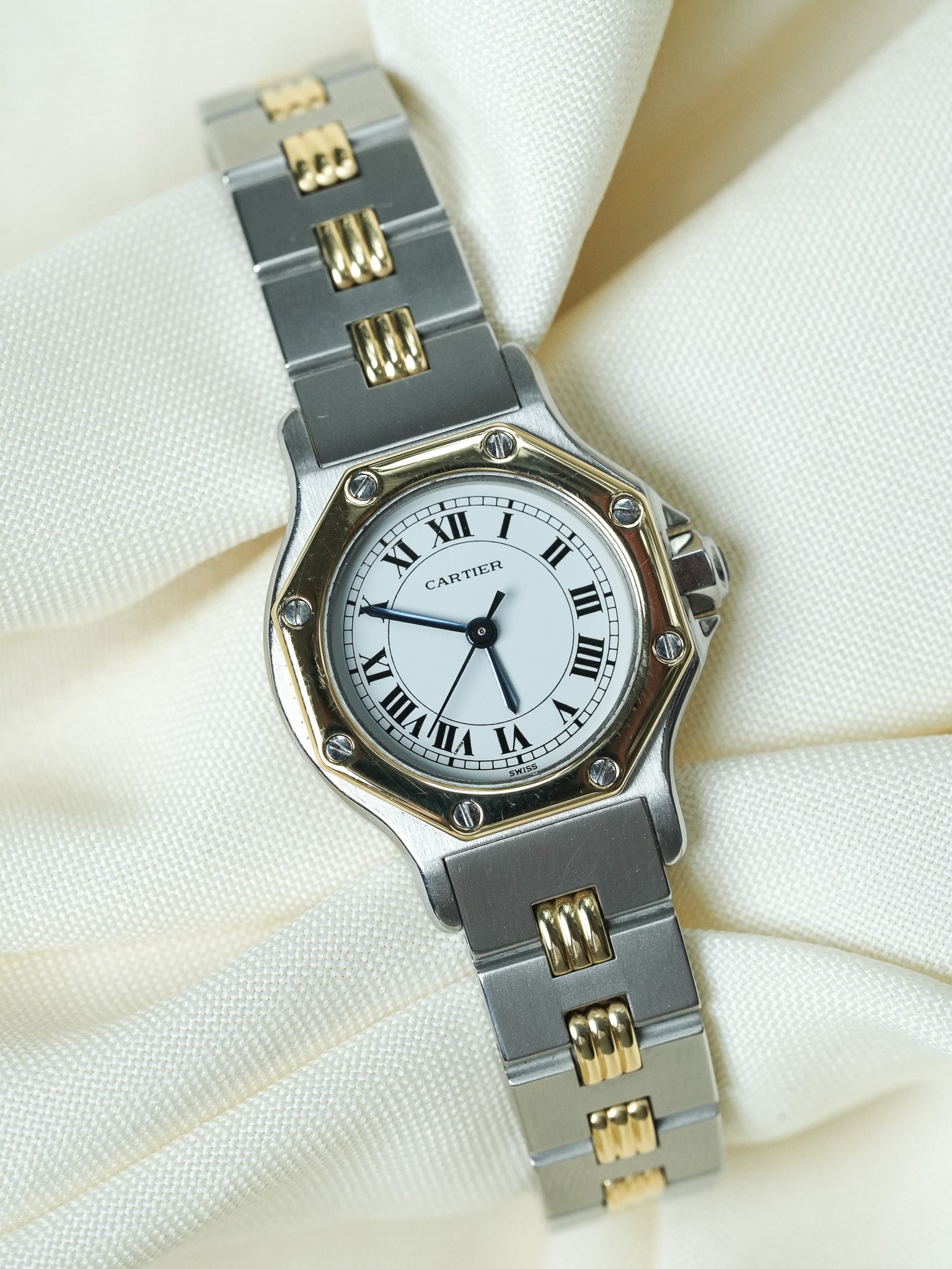 Montre Cartier Santos Vintage - Octogonale Godron 24mm Acier Or Femme (Années 1980) - Atelier Victor