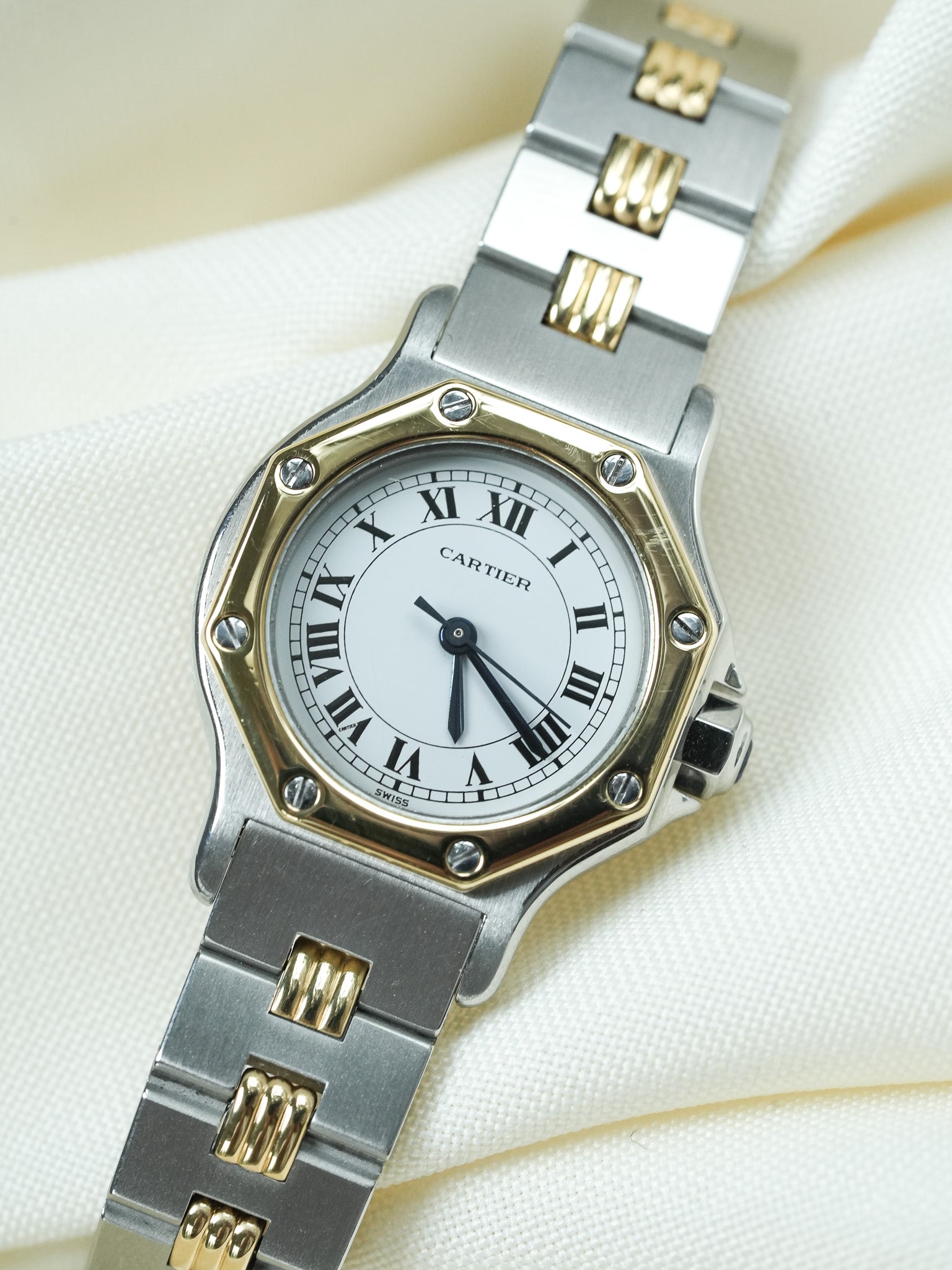 Montre Cartier Santos Vintage - Octogonale Godron 24mm Acier Or Femme (Années 1980) - Atelier Victor